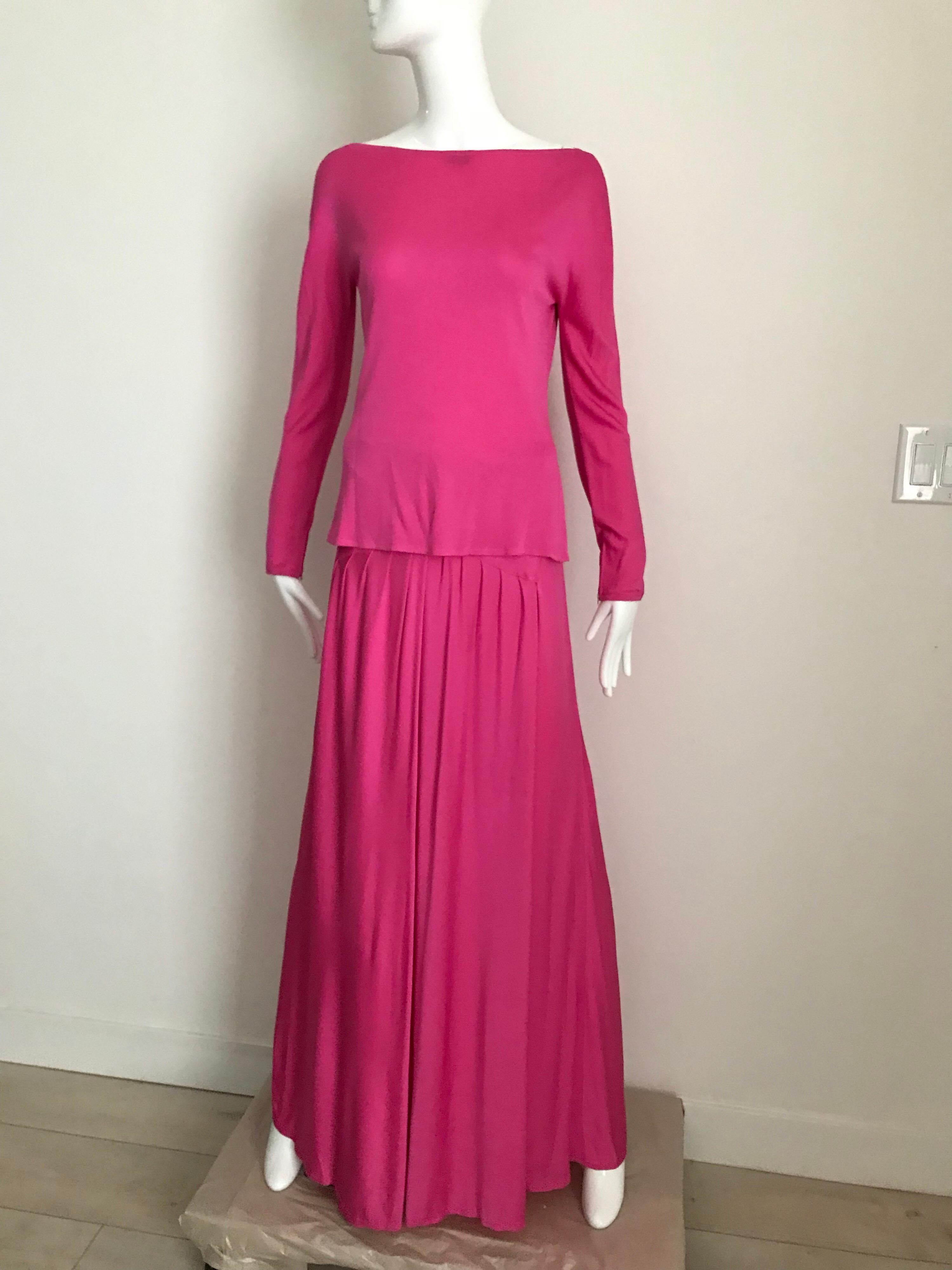 Vintage Geoffrey Beene Hot Pink Matte Jersey Blouse Skirt Set For Sale 1
