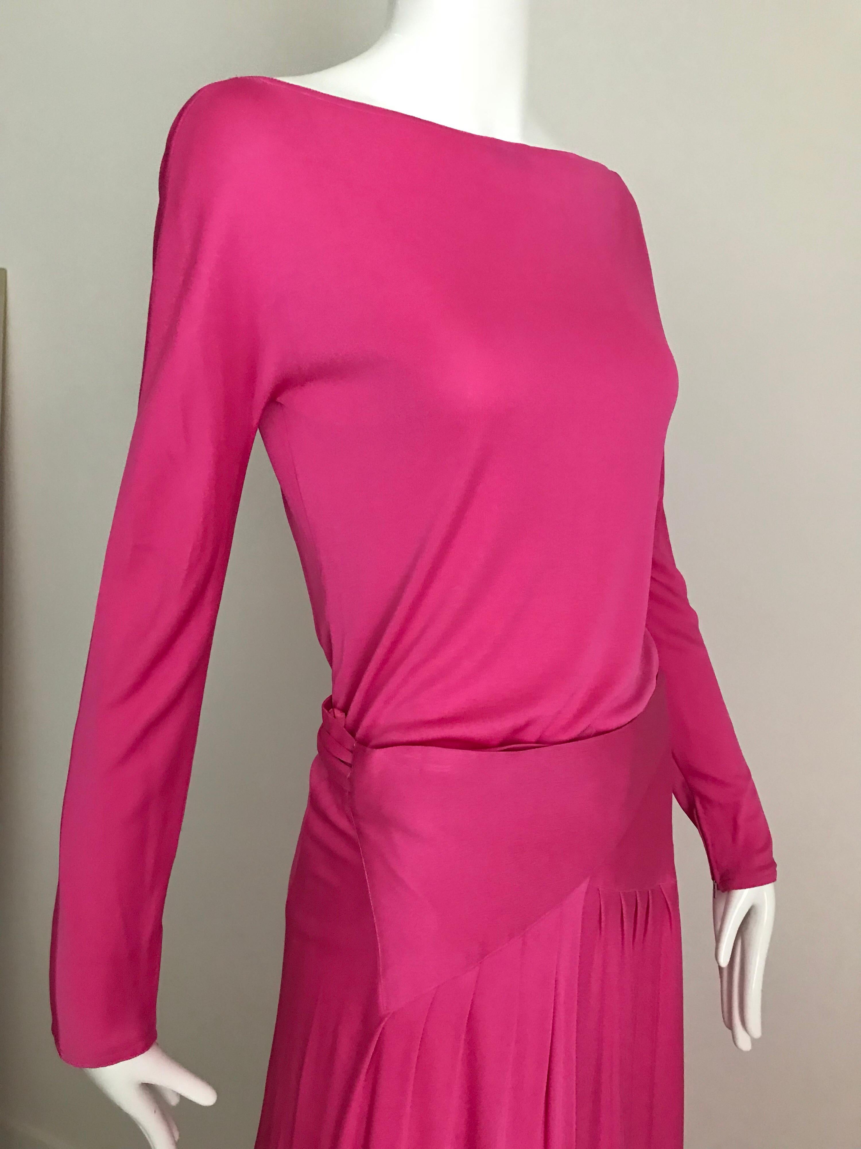 Vintage Geoffrey Beene Hot Pink Matte Jersey Blouse Skirt Set For Sale 2