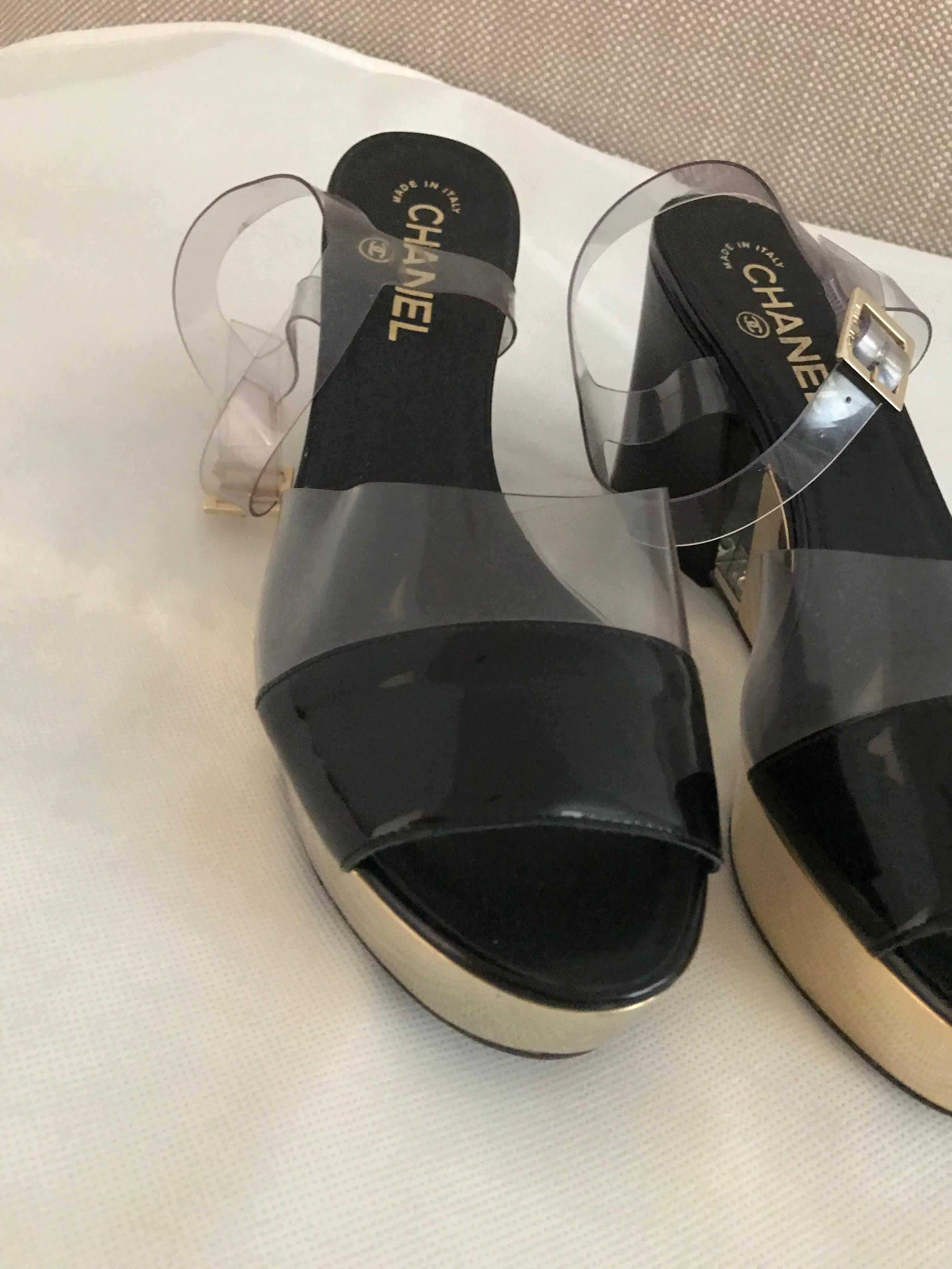 Women's CHANEL Black and  Clear Platform Sandals For Sale