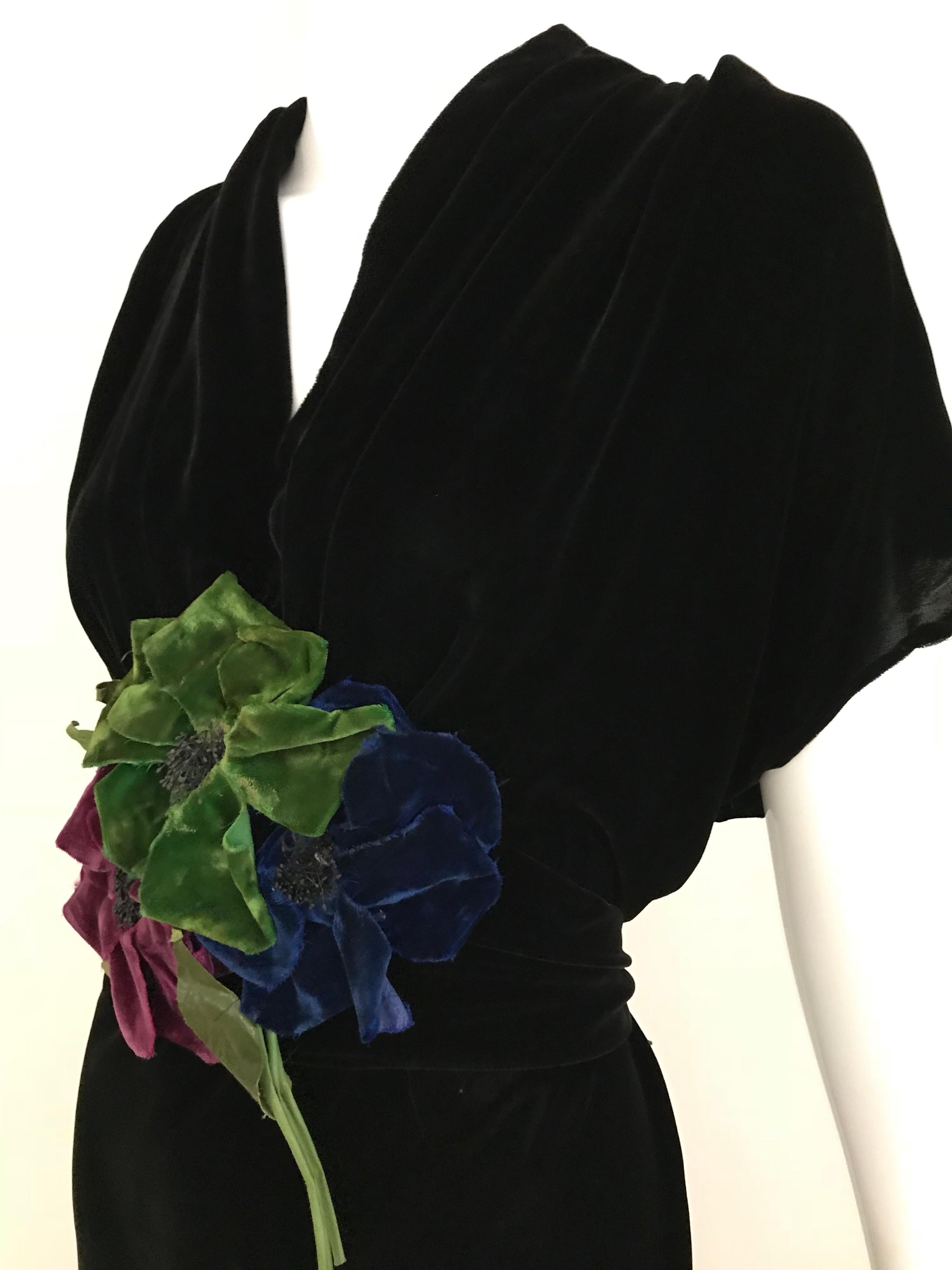 Women's 1930s Black Velvet Dress with Floral Appliqué 