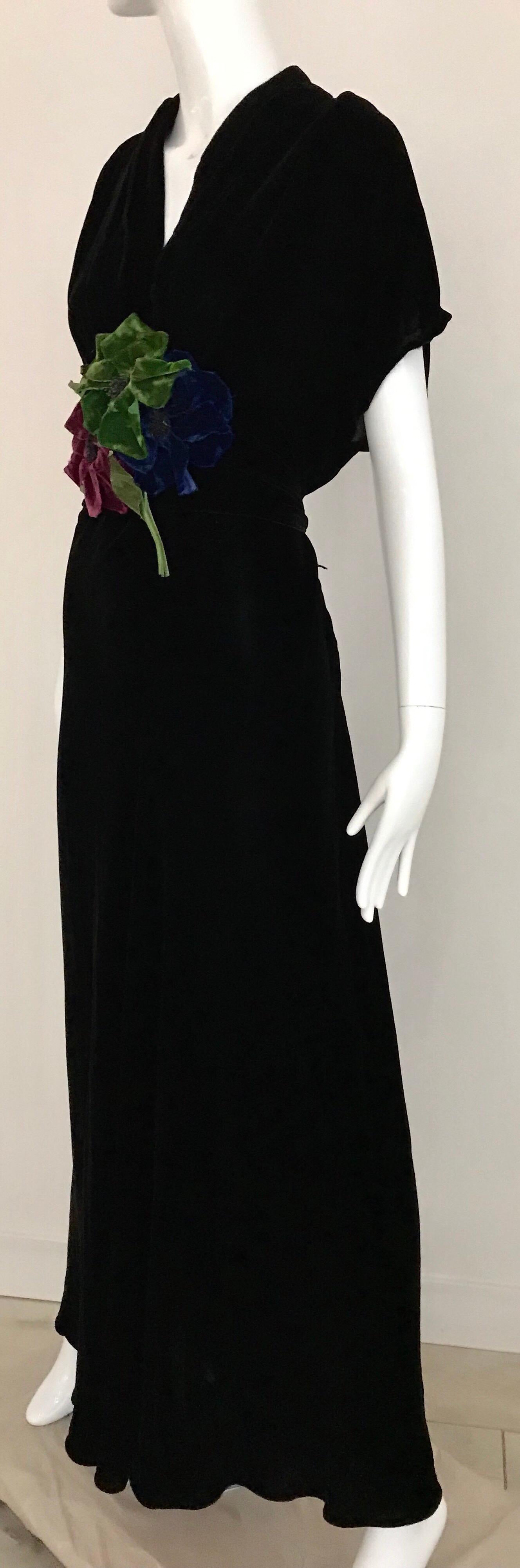 1930s Black Velvet Dress with Floral Appliqué  1
