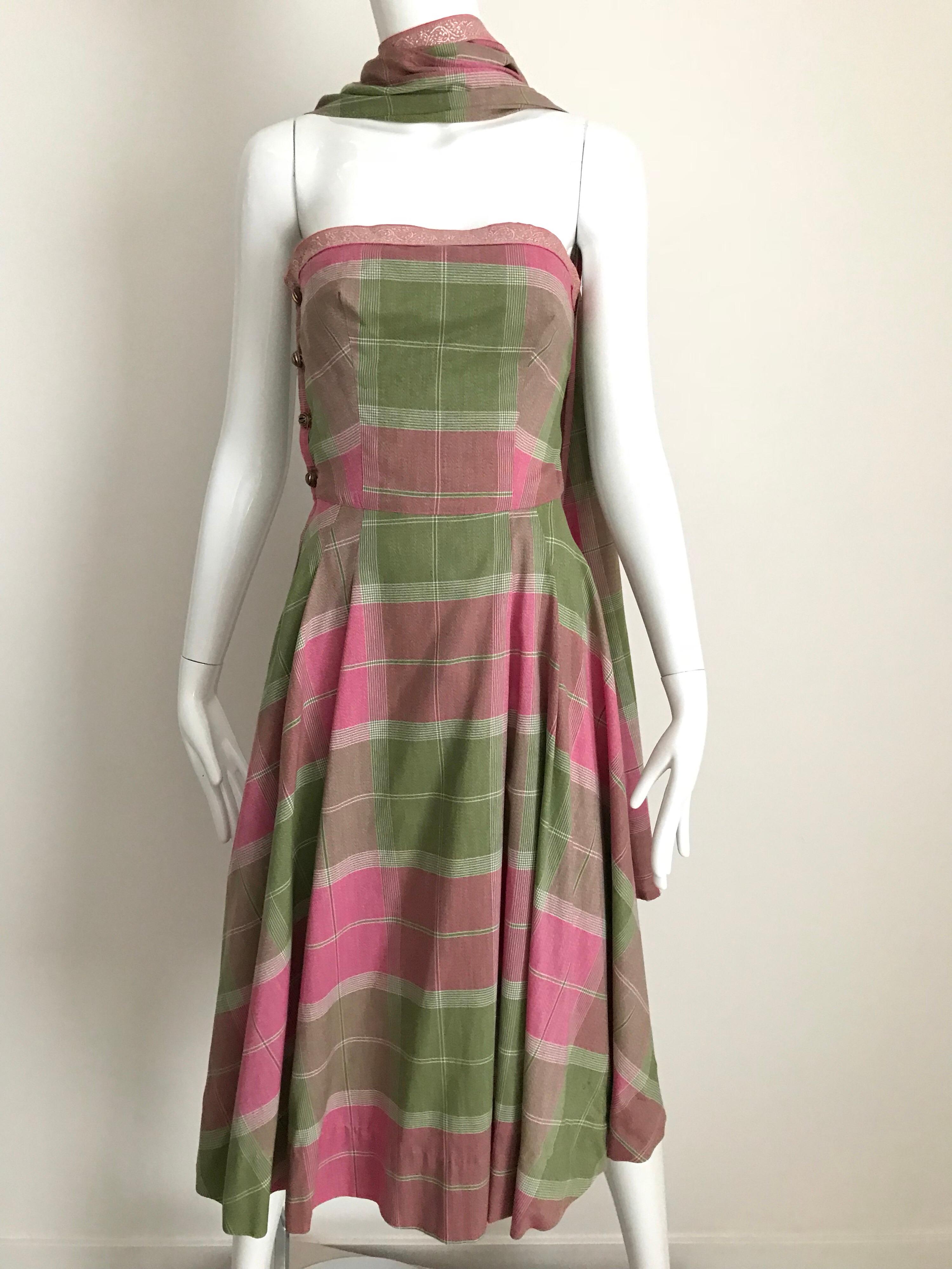 pink and green plaid dress