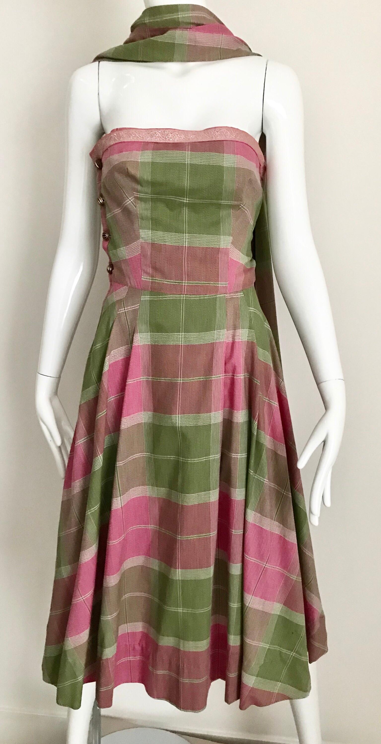 Women's Vintage Tina Lesser Pink and Green Plaid Cotton Dress For Sale