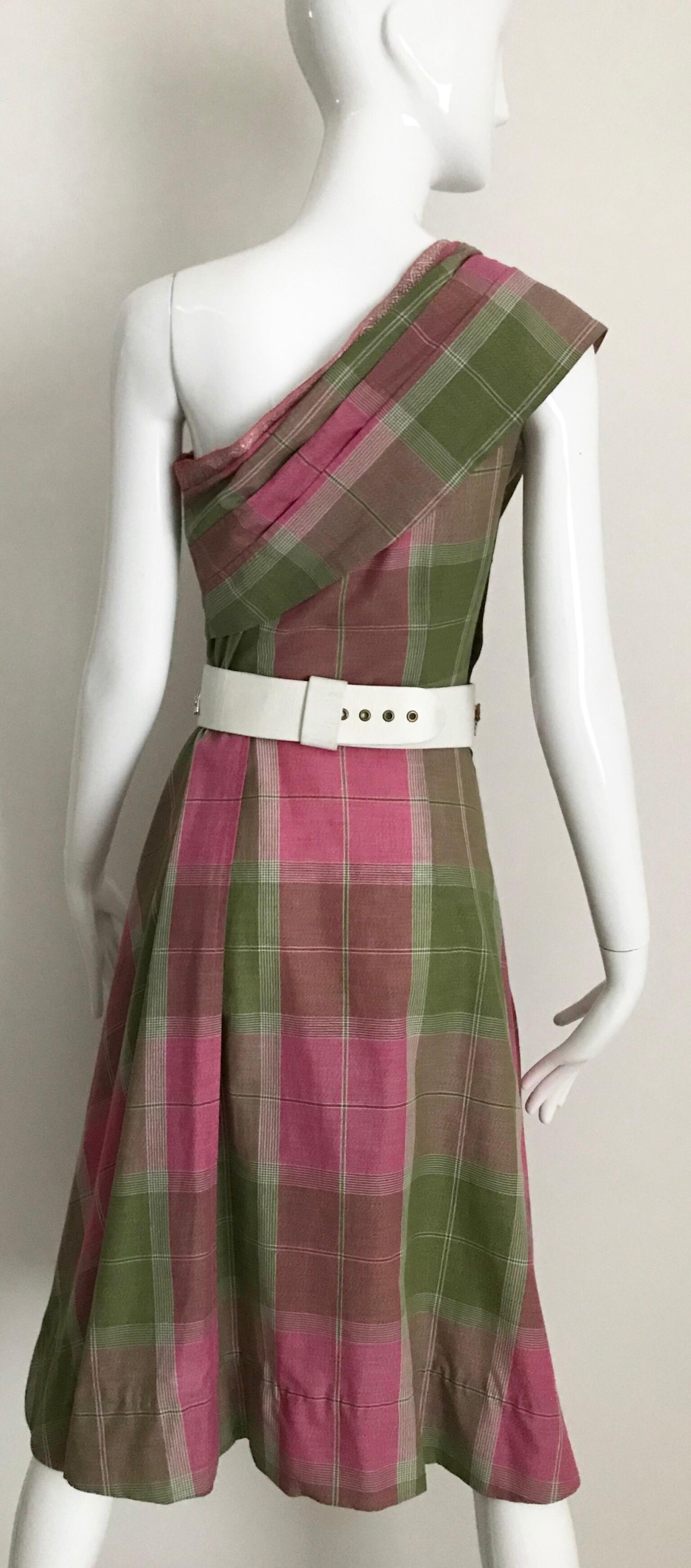 Vintage Tina Lesser Pink and Green Plaid Cotton Dress For Sale 1