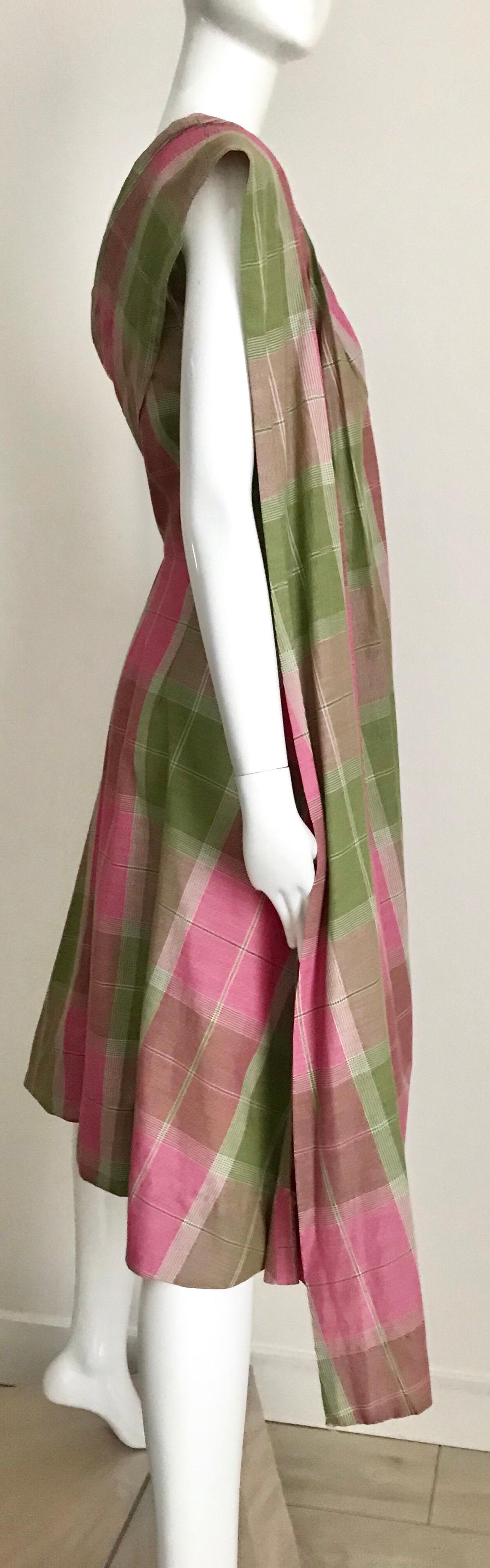 Vintage Tina Lesser Pink and Green Plaid Cotton Dress For Sale 5