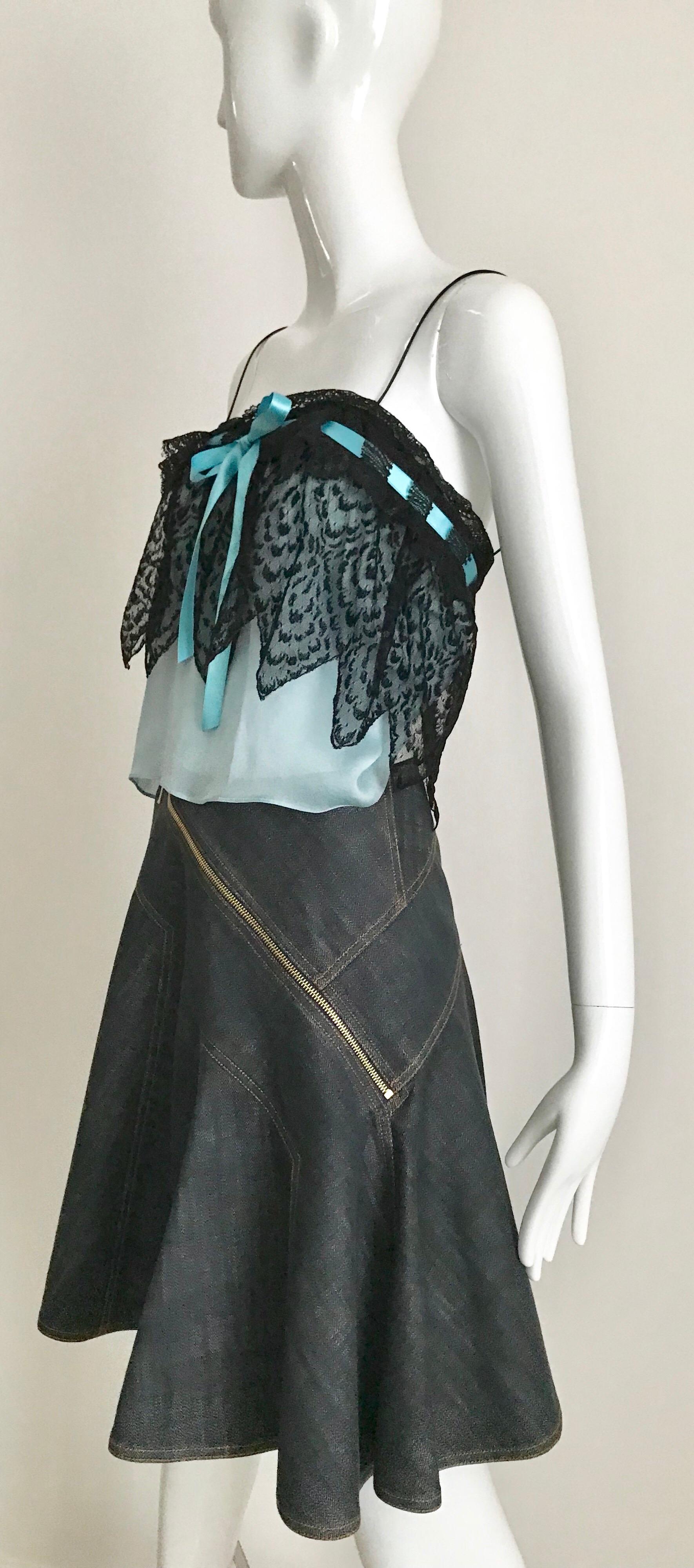 Beautiful ALAIA denim flare skirt with asymmetrical zipper.  Skirt is styled with Yves saint laurent by Tom Ford silk spaghetti strap blouse available for purchase separately. 
Skirt size: Small
Waist: 24 inches/ Hip: 34 inches/  skirt length: 19