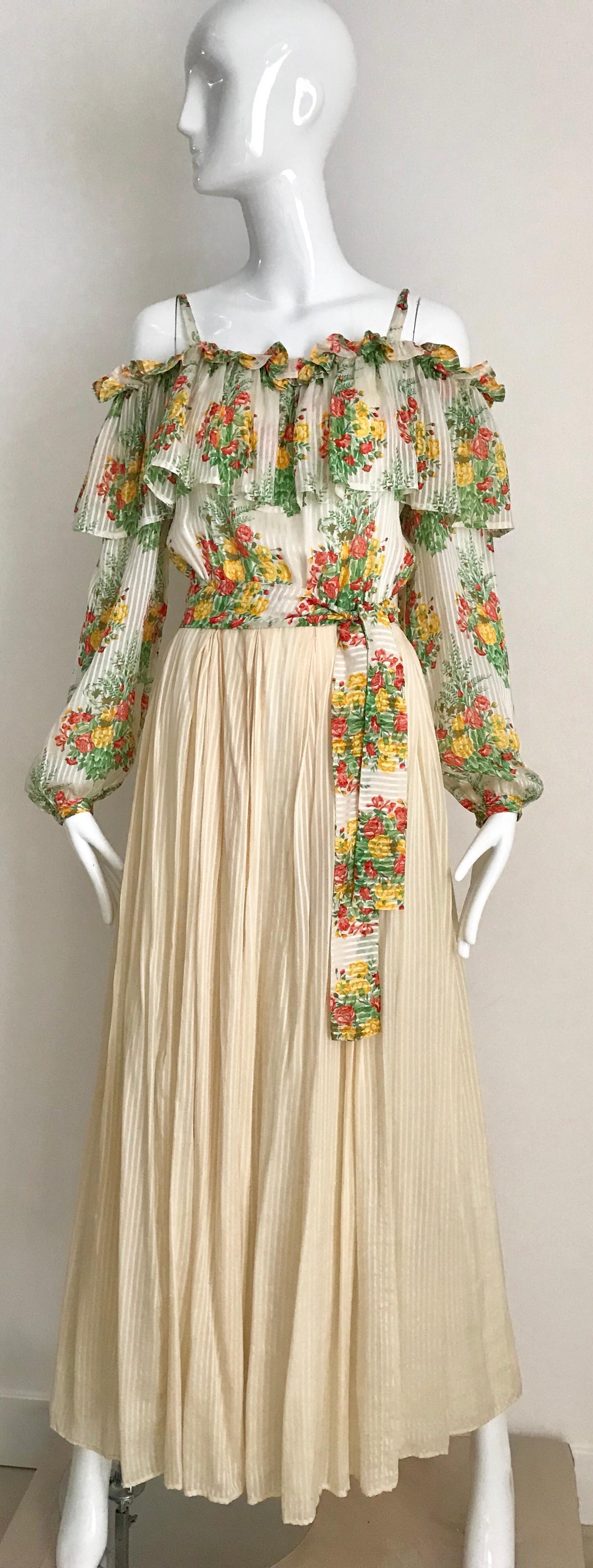 Beige 1970s Andre Laug Creme Silk Floral Print Maxi Dress en vente