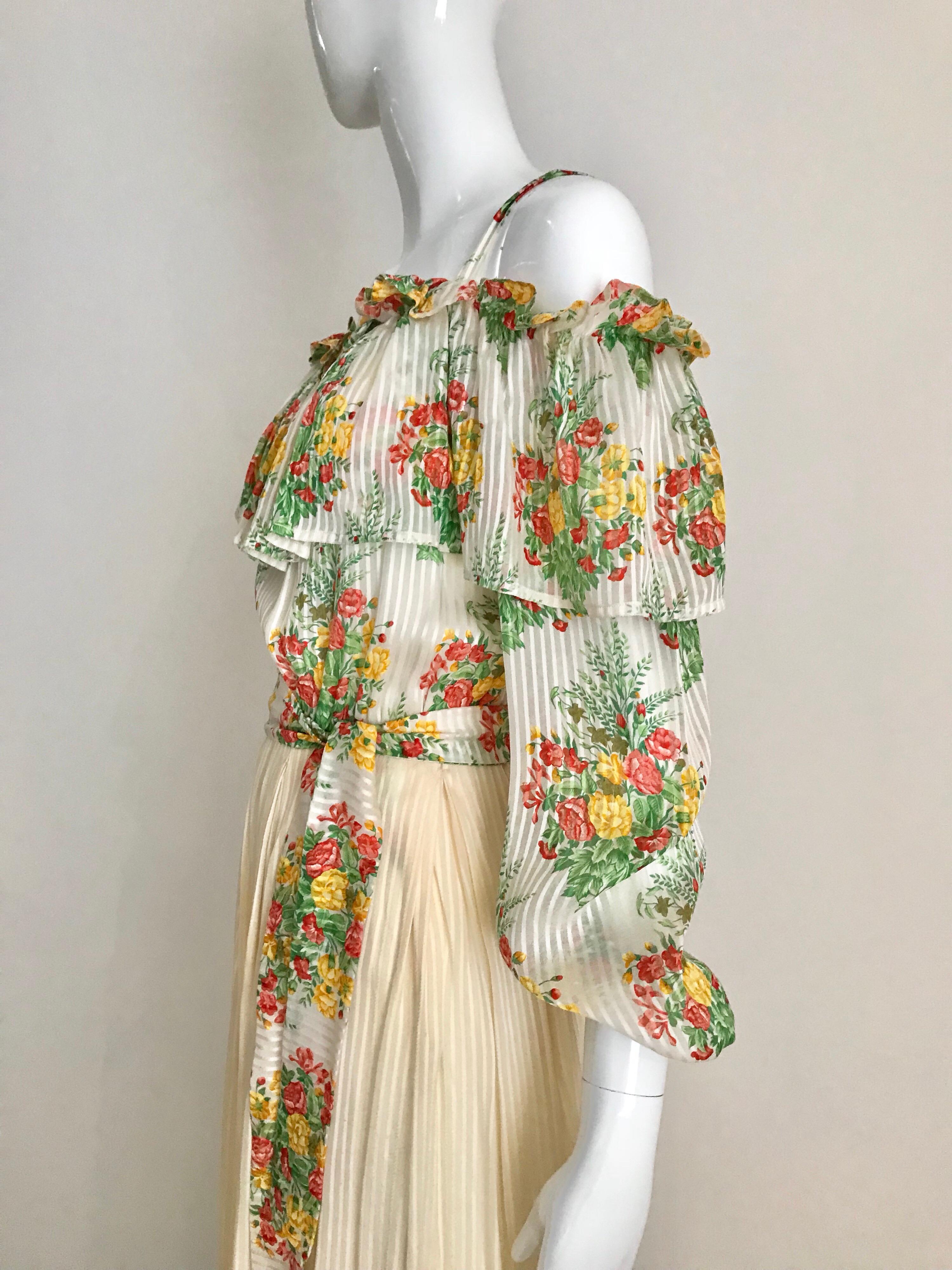 1970s Andre Laug Creme Silk Floral Print Maxi Dress Pour femmes en vente
