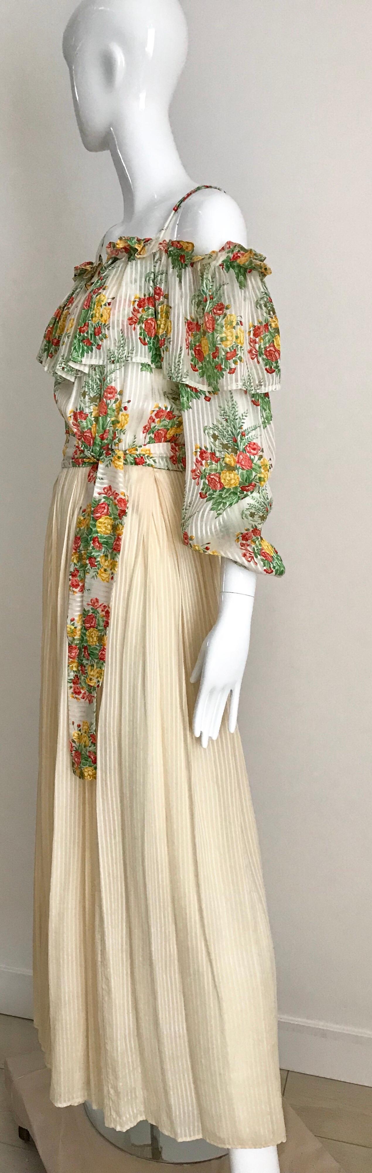 Beige 1970s Andre Laug Creme Silk Floral Print Maxi Dress For Sale