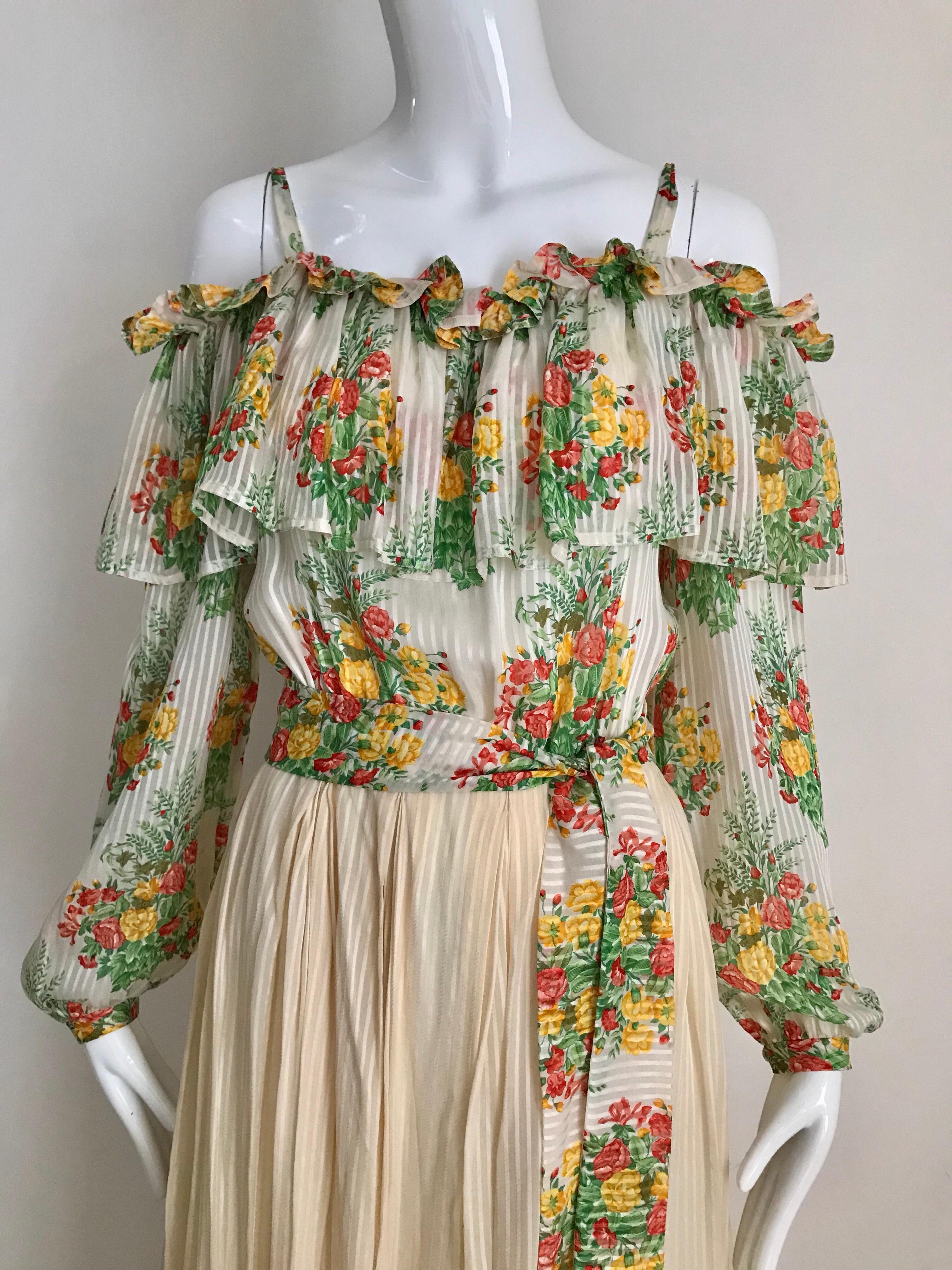 1970s Andre Laug Creme Silk Floral Print Maxi Dress In Excellent Condition For Sale In Beverly Hills, CA