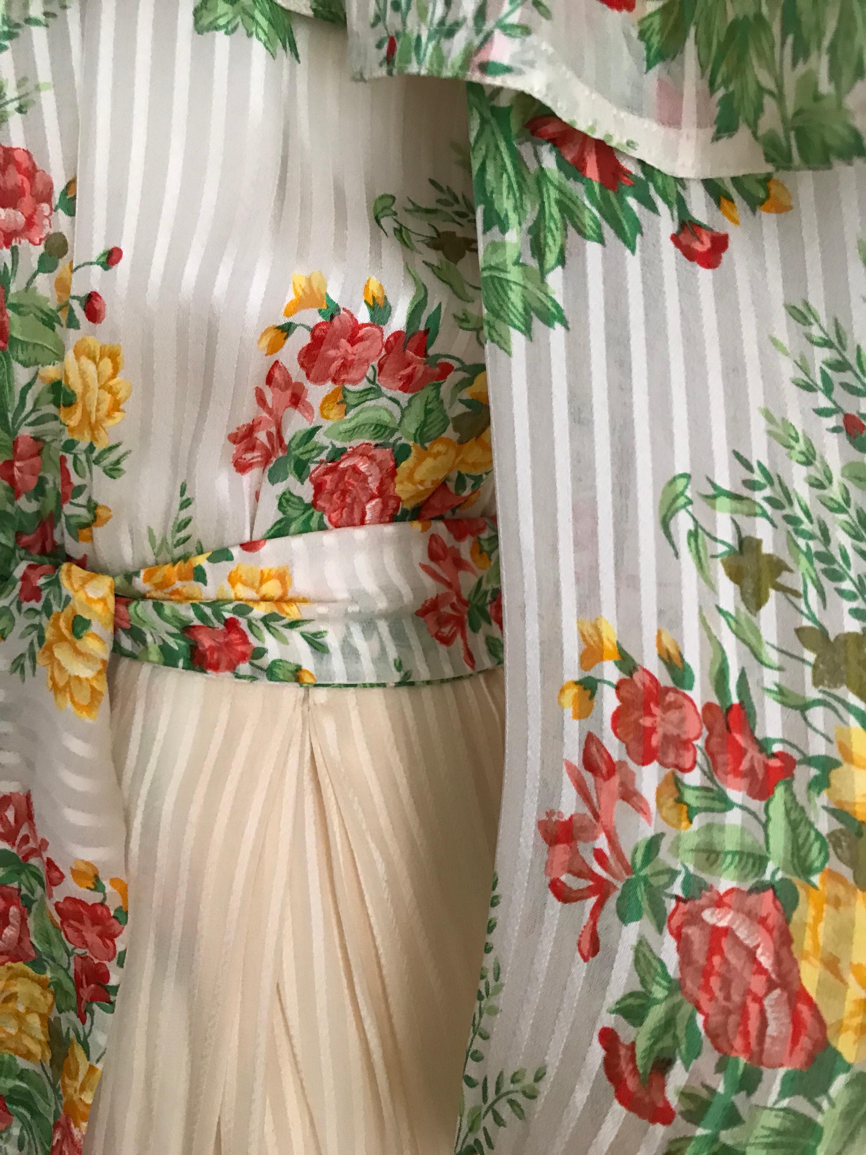 Women's 1970s Andre Laug Creme Silk Floral Print Maxi Dress For Sale