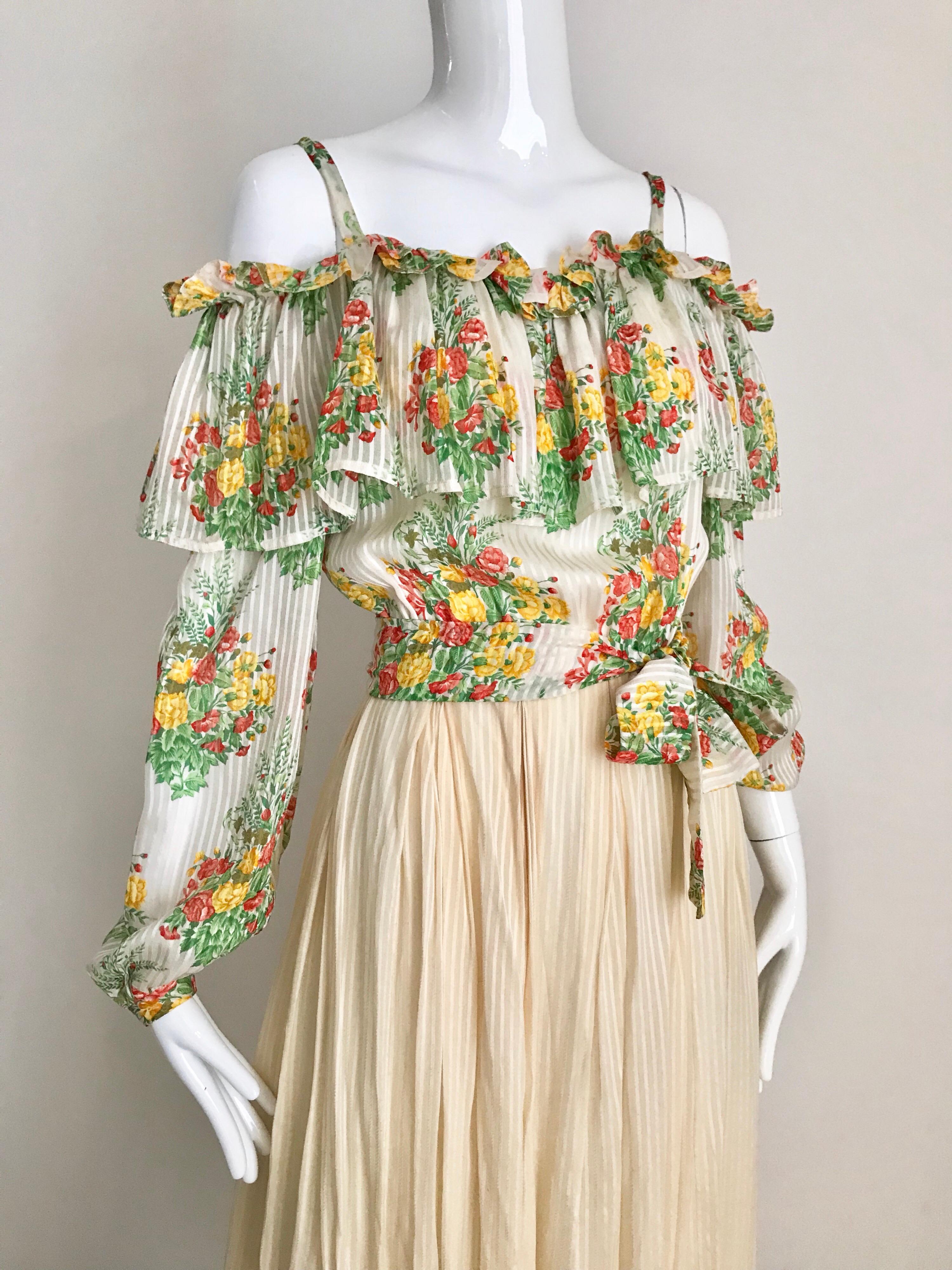 1970s Andre Laug Creme Silk Floral Print Maxi Dress For Sale 1