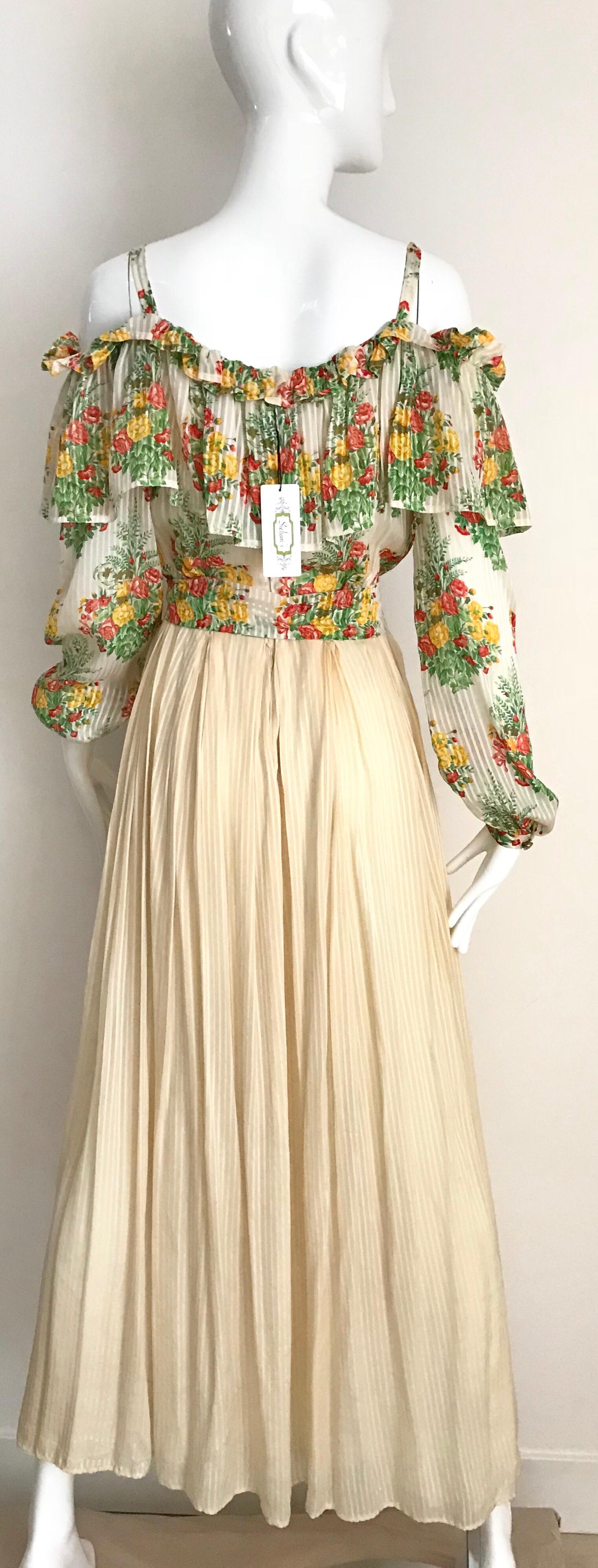 1970s Andre Laug Creme Silk Floral Print Maxi Dress For Sale 2