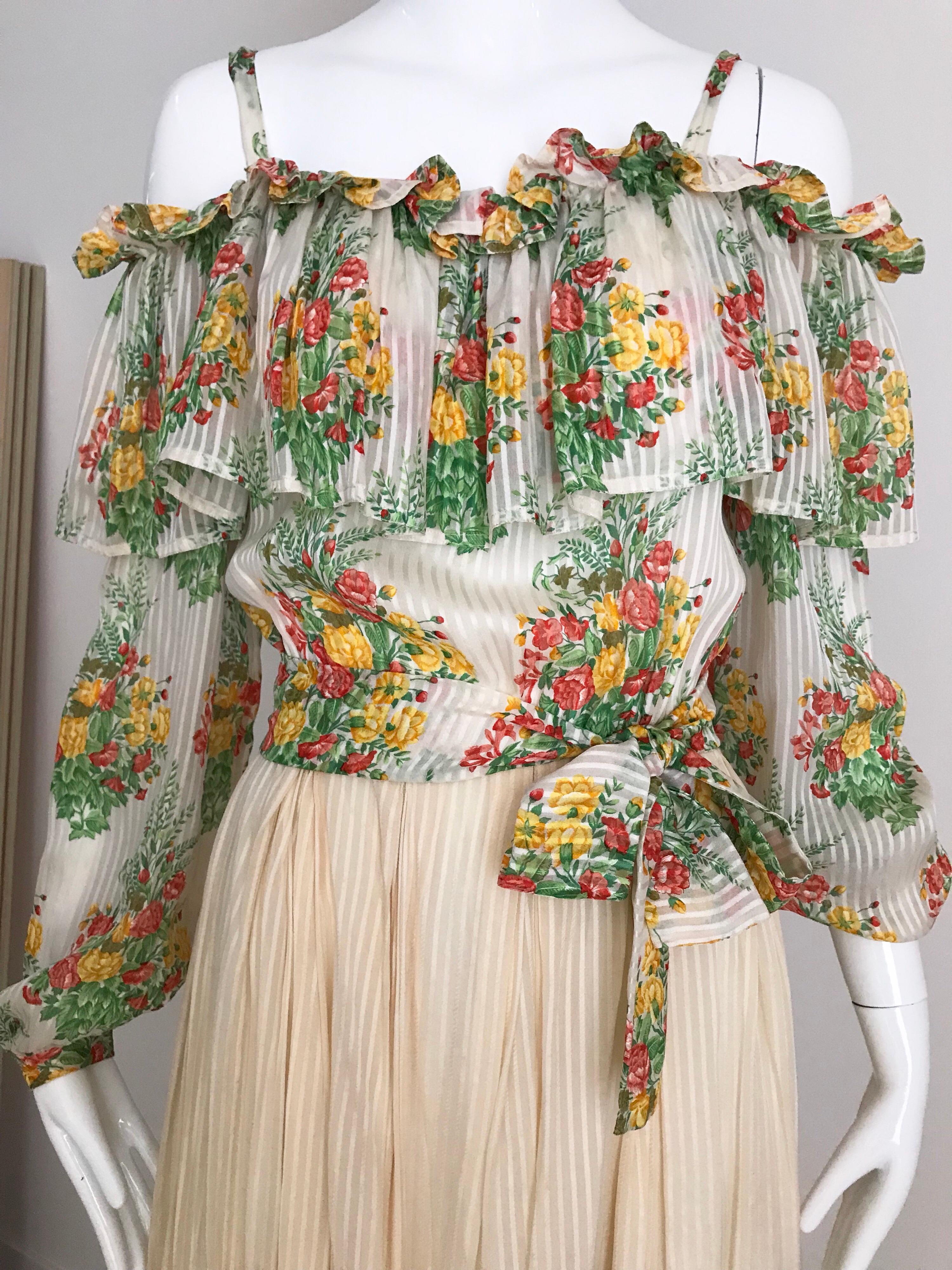 1970s Andre Laug Creme Silk Floral Print Maxi Dress en vente 6