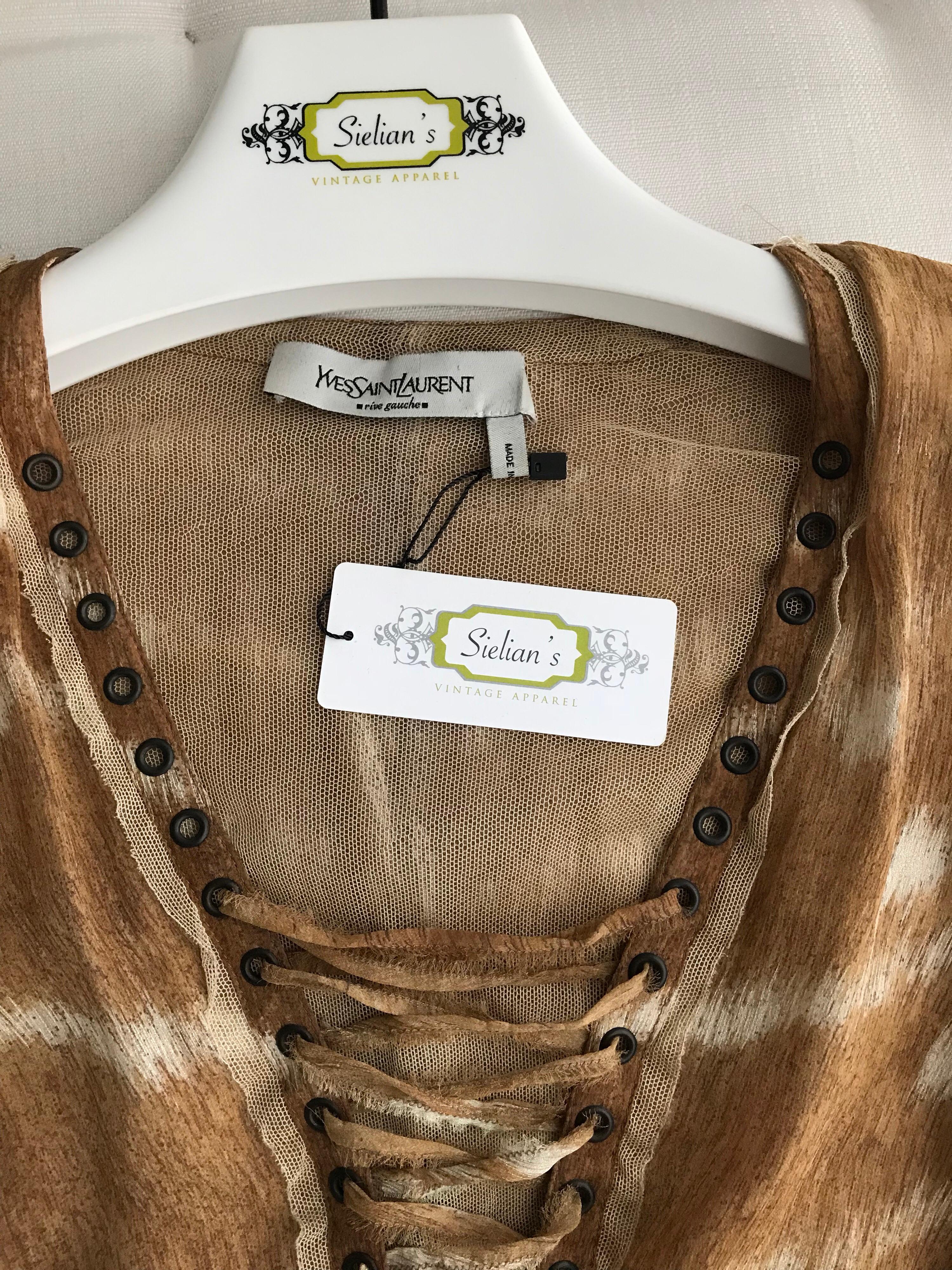 Yves Saint Laurent Brown and White  Silk Print Lace Up Blouse  In Excellent Condition In Beverly Hills, CA