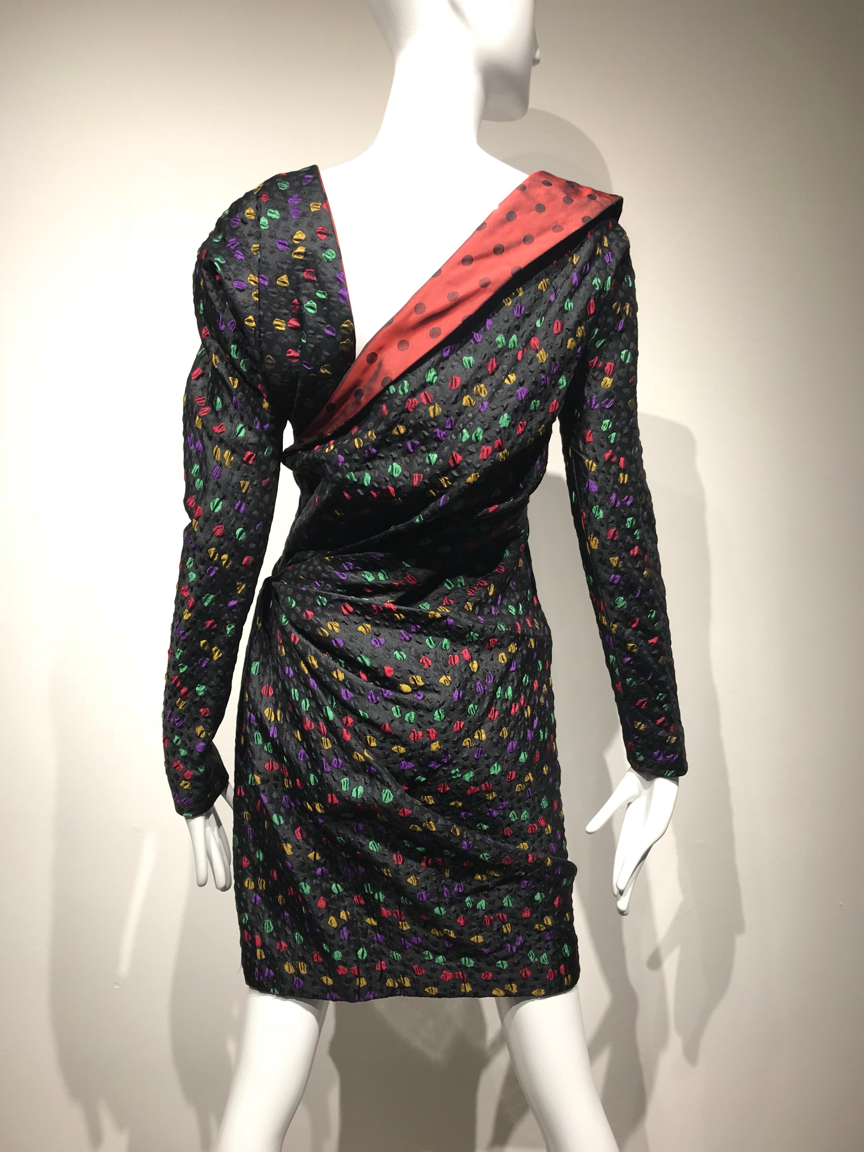 Vintage Givenchy Couture black silk matelasse cocktail dress with asymmetrical neckline and multi color irregular shaped dots in yellow, red, purple and green. 
On the front of the dress, there is a diagonal ruching across the bodice to the hip,