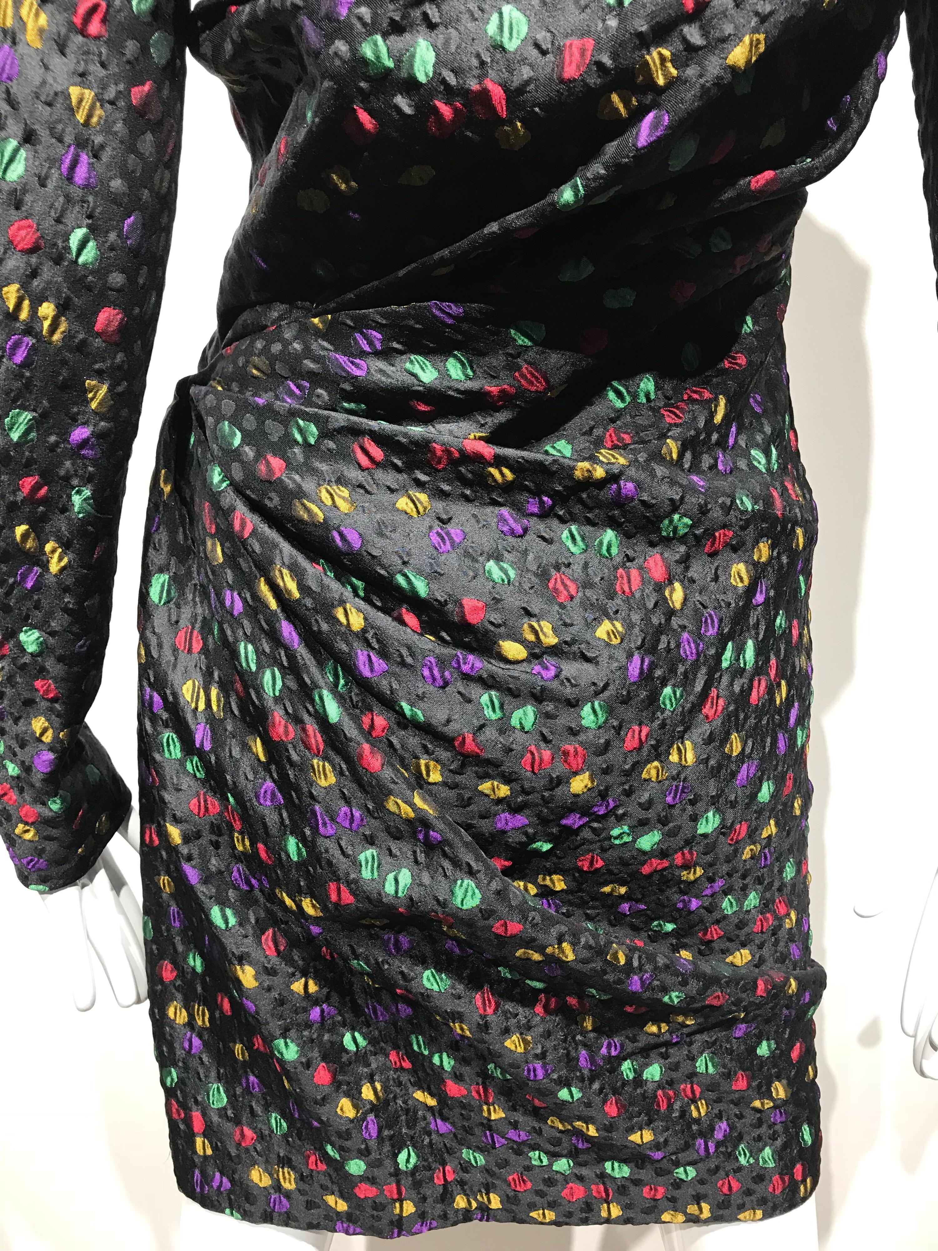 Givenchy Haute Couture Black Multi Color Dots Vintage Silk Dress In Excellent Condition For Sale In Beverly Hills, CA