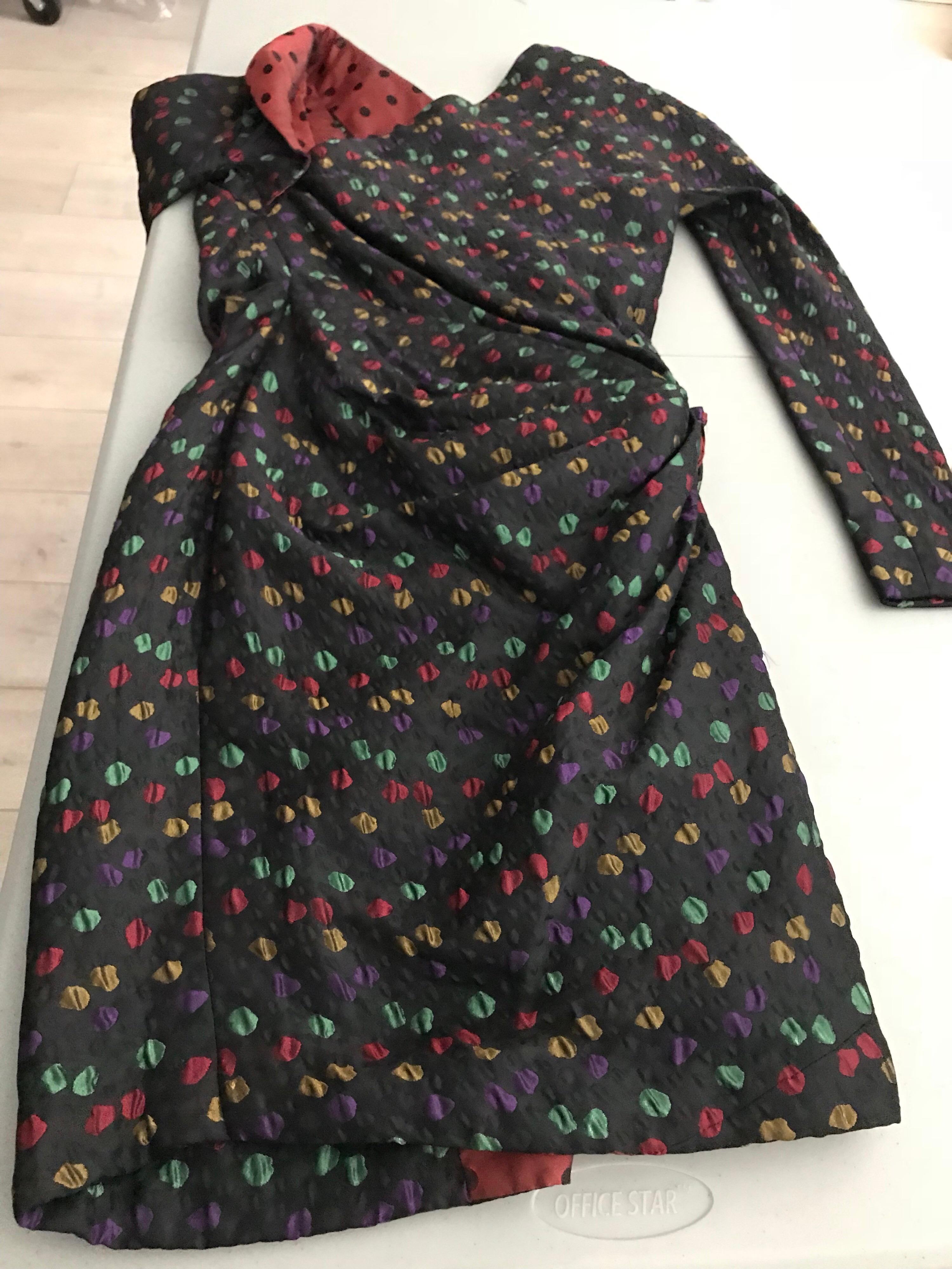 Givenchy Haute Couture Black Multi Color Dots Vintage Silk Dress For Sale 3