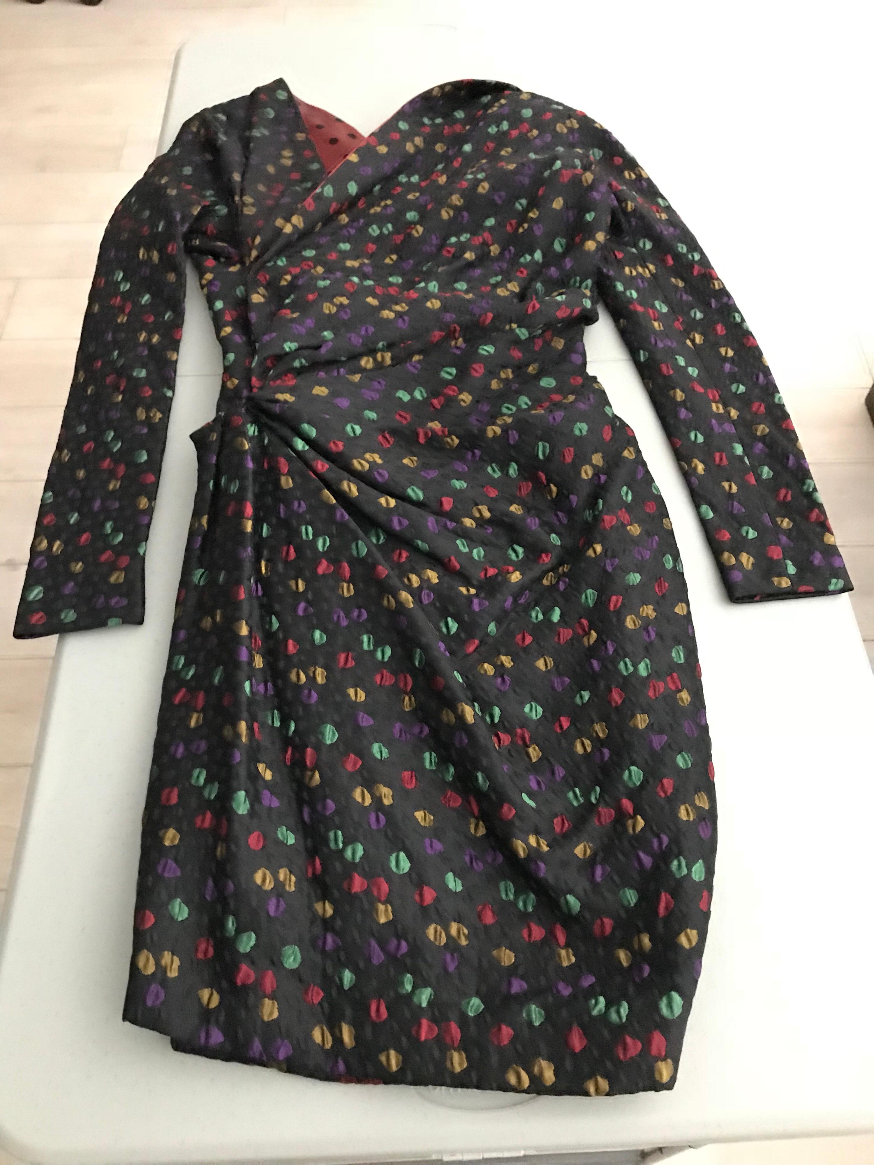 Givenchy Haute Couture Black Multi Color Dots Vintage Silk Dress For Sale 5