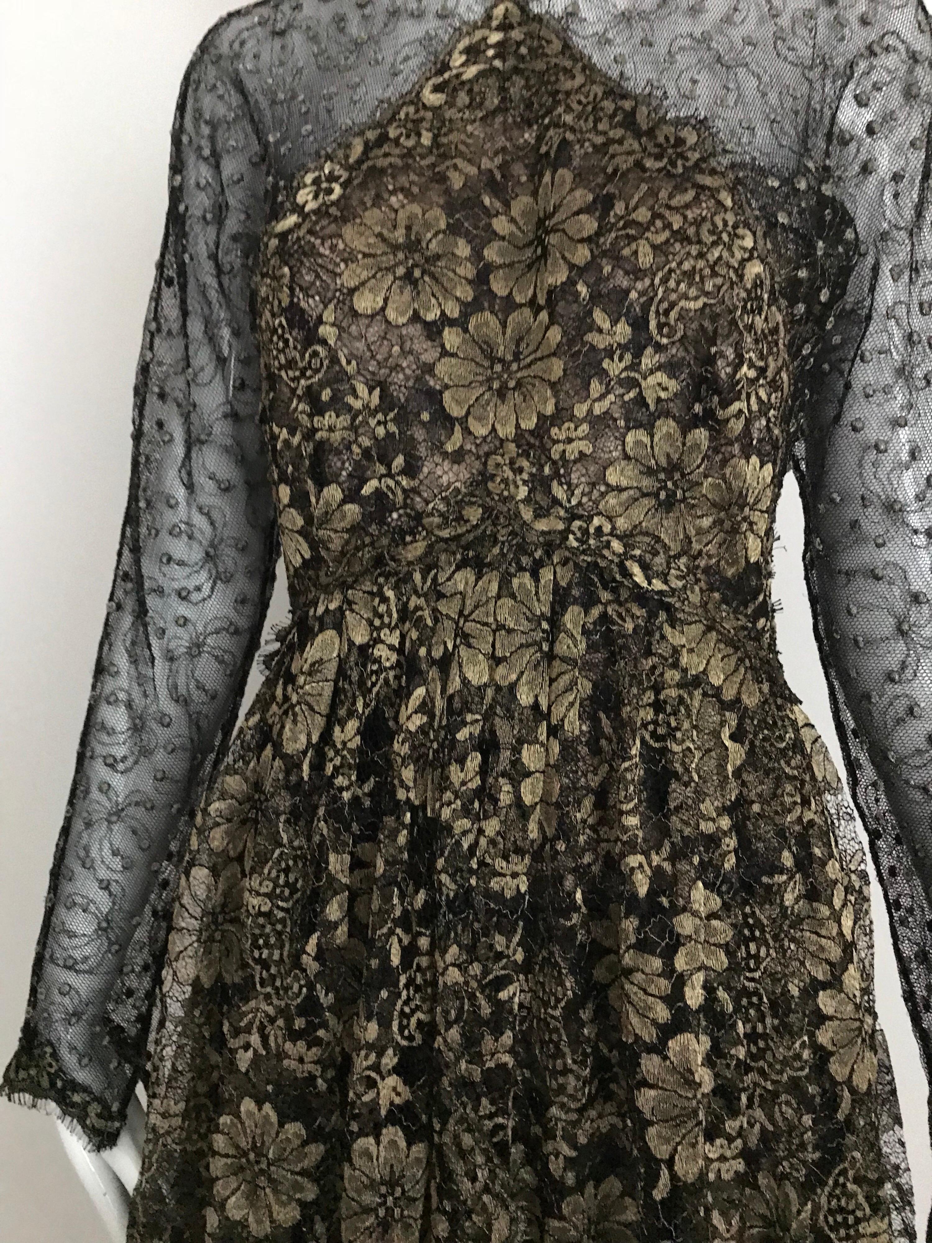 Geoffrey Beene Vintage Gold And Black Metallic Lace Dress  2