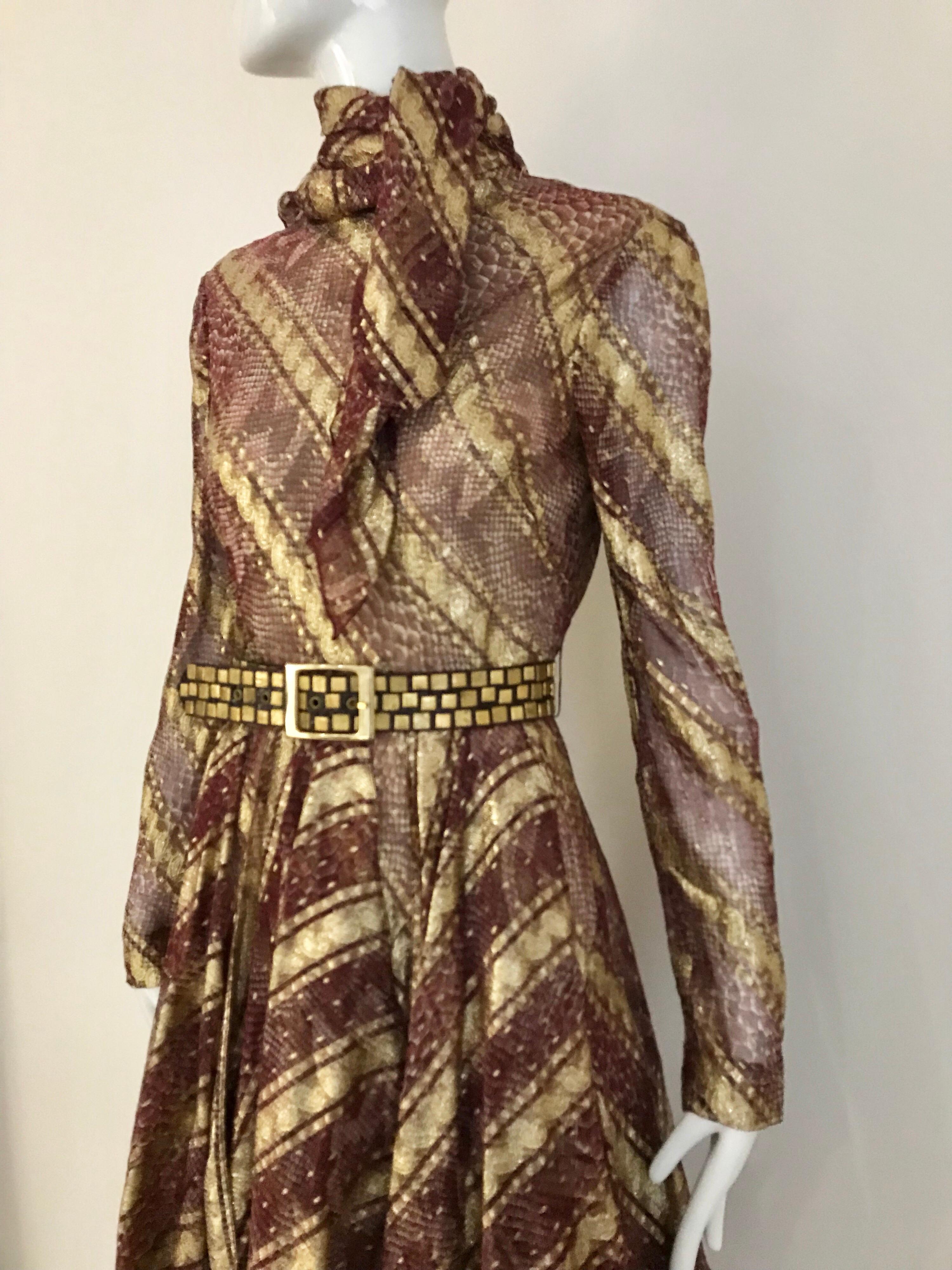 Brown Bill Blass Vintage Metallic Print Silk Dress with Handkerchief Hem
