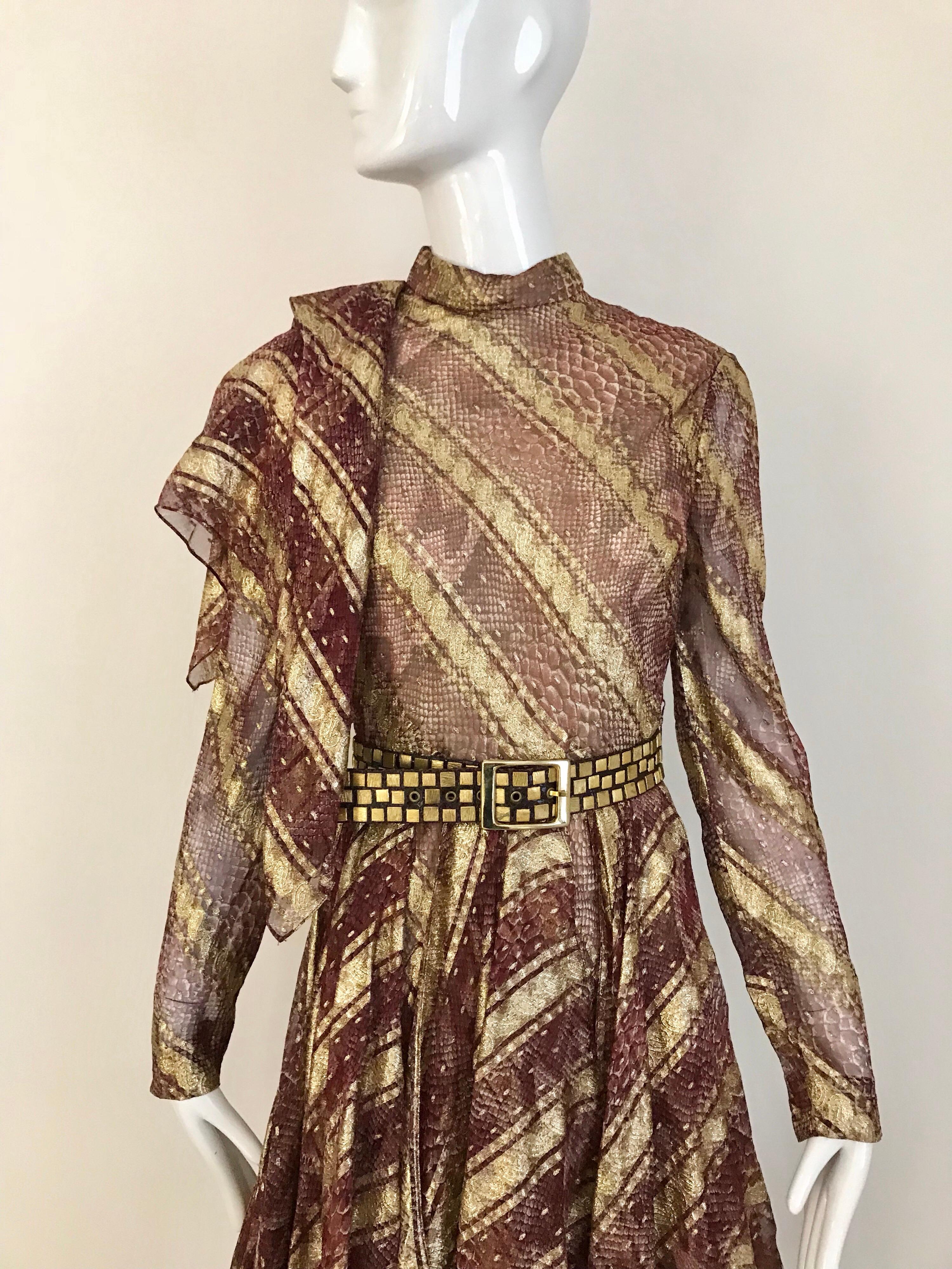 Bill Blass Vintage Metallic Print Silk Dress with Handkerchief Hem In Excellent Condition In Beverly Hills, CA