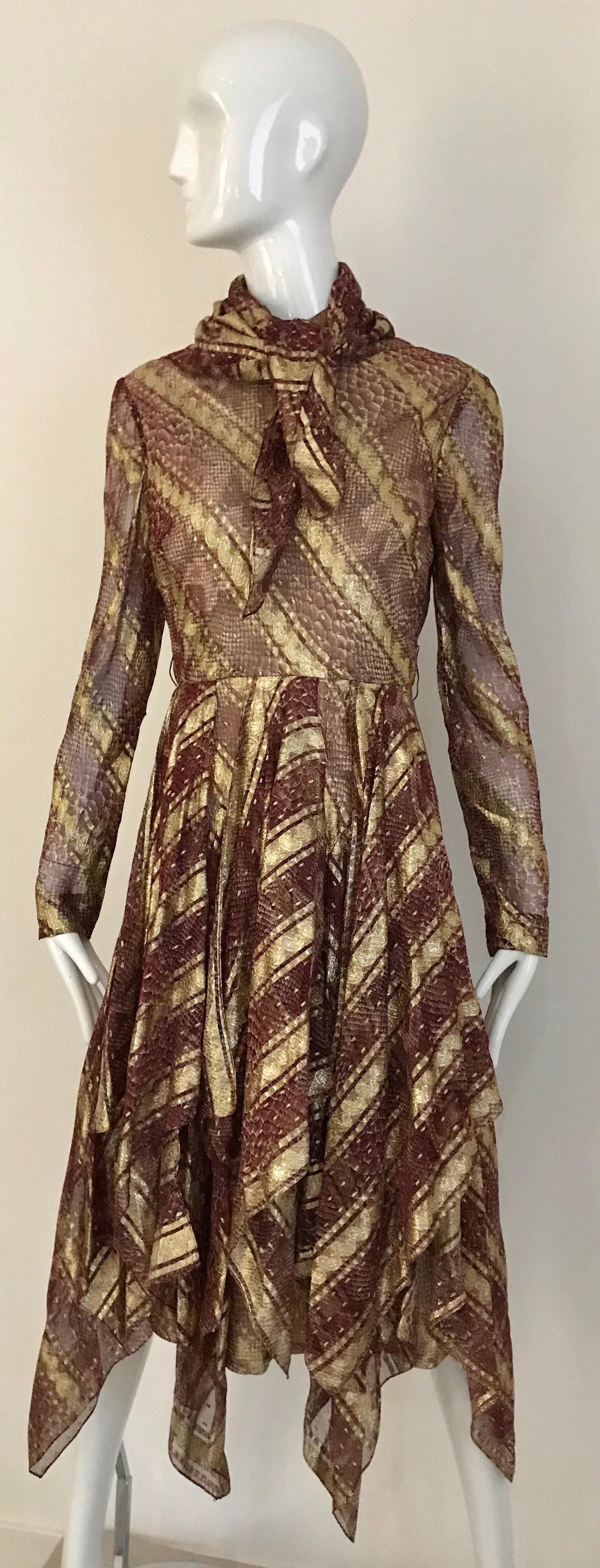 Bill Blass Vintage Metallic Print Silk Dress with Handkerchief Hem 5