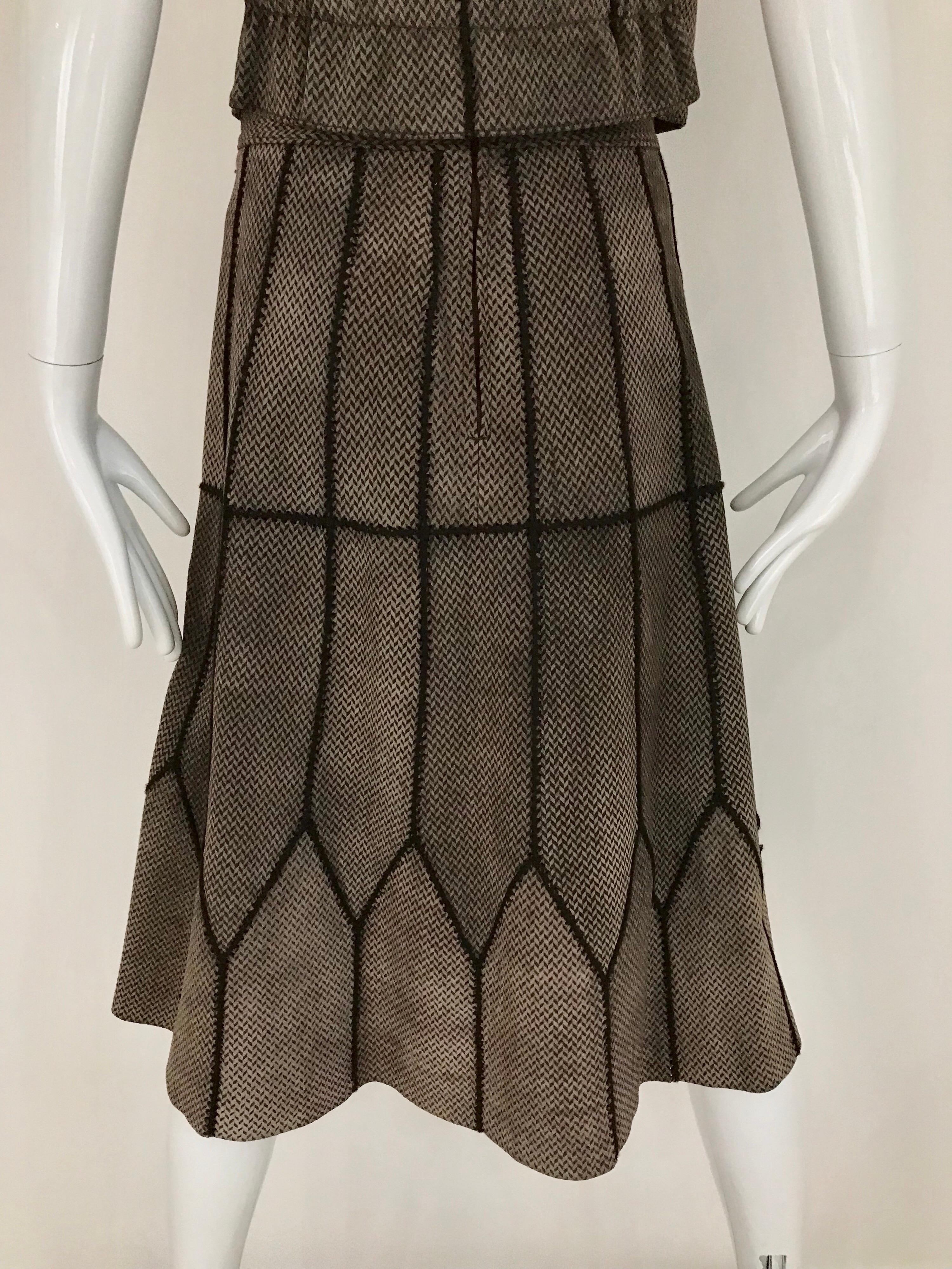 Women's Neiman Marcus Italy Brown Suede Vest Chevron Print and Skirt set, 1970s 