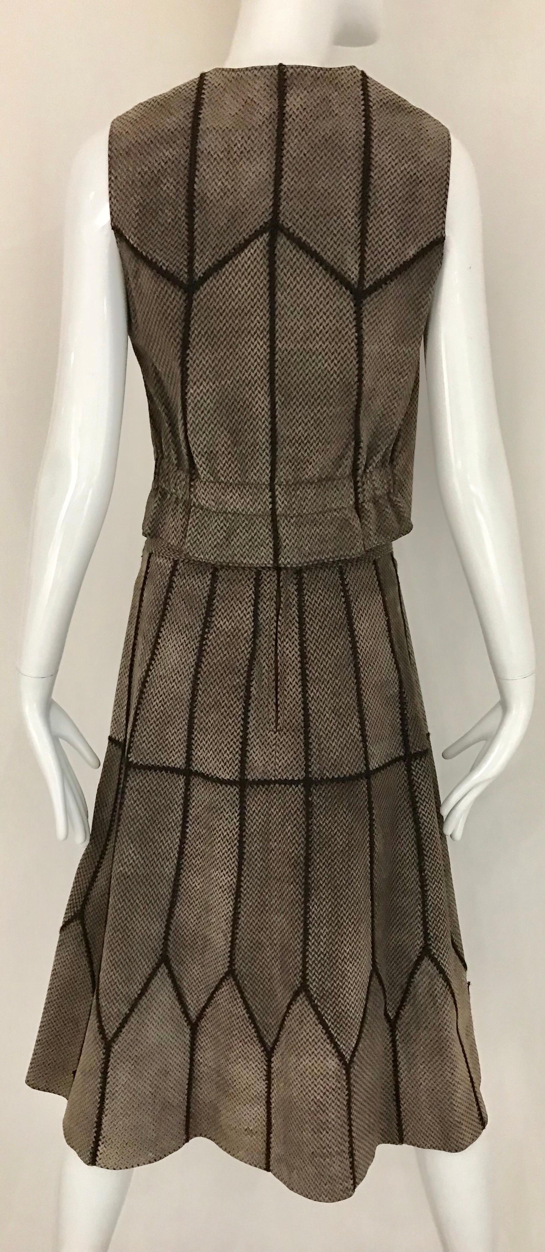 Neiman Marcus Italy Brown Suede Vest Chevron Print and Skirt set, 1970s  1