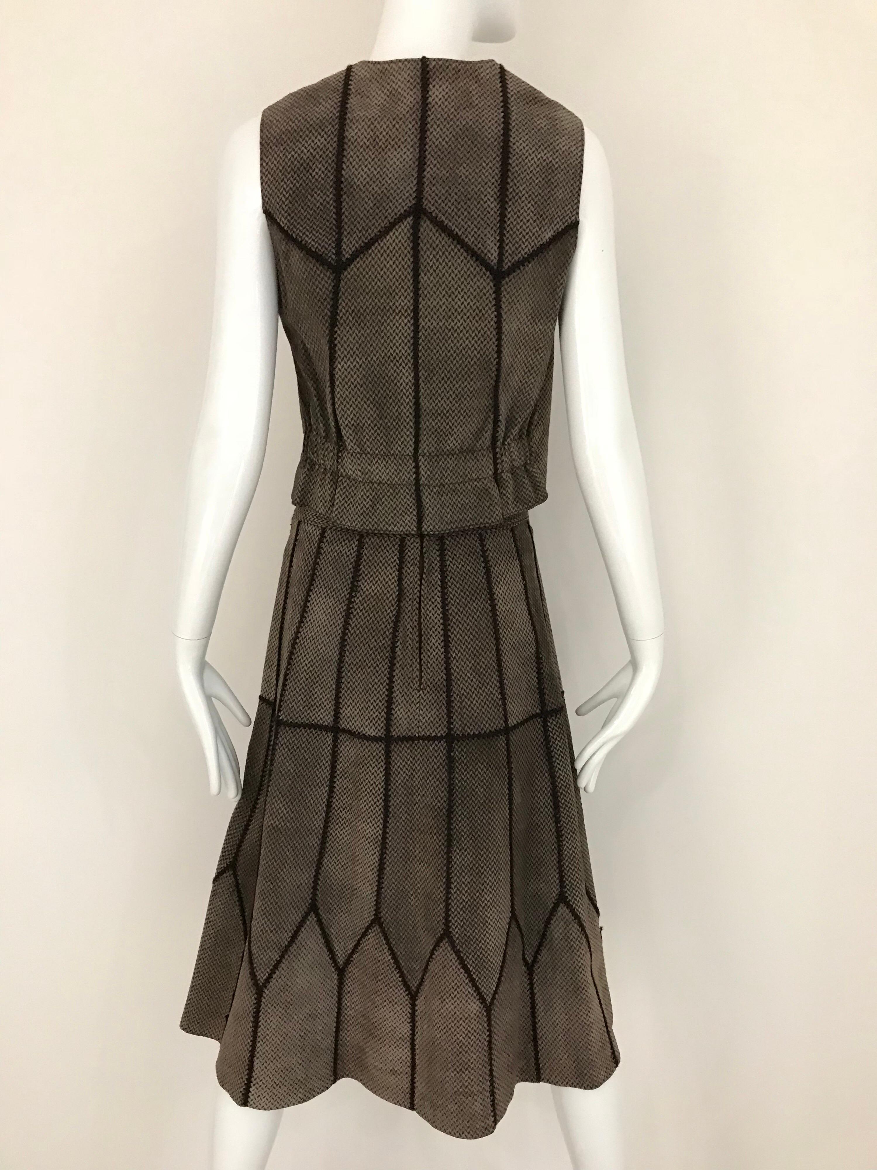 Neiman Marcus Italy Brown Suede Vest Chevron Print and Skirt set, 1970s  2