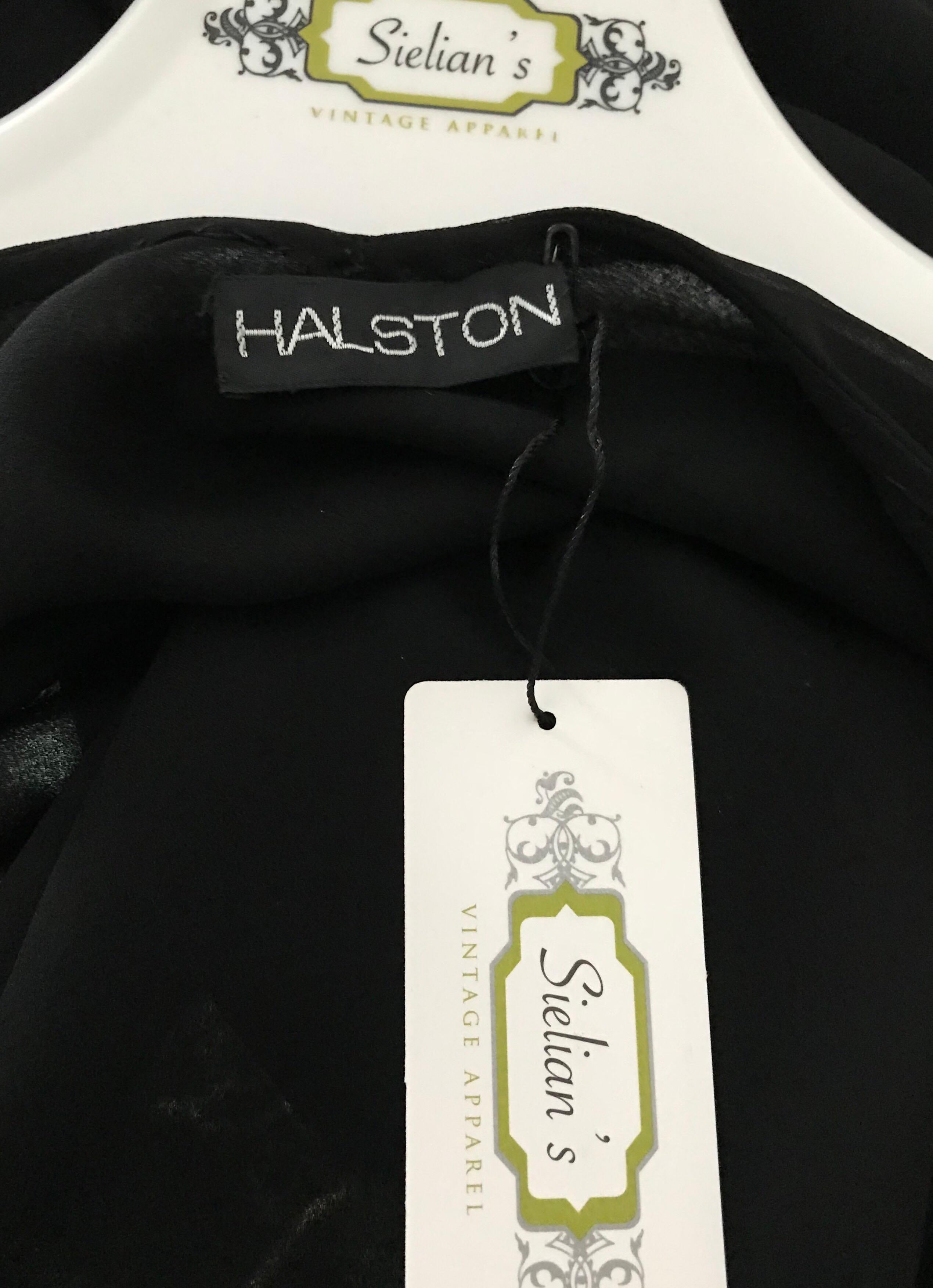 Elegant classic vintage Halston black silk chiffon bias cut slip dress with long sleeve silk overlay  Dress comes with long sash belt.  Perfect for evening cocktail party or day time party.
Size : due to the bias cut, this Halston dress fit US size: