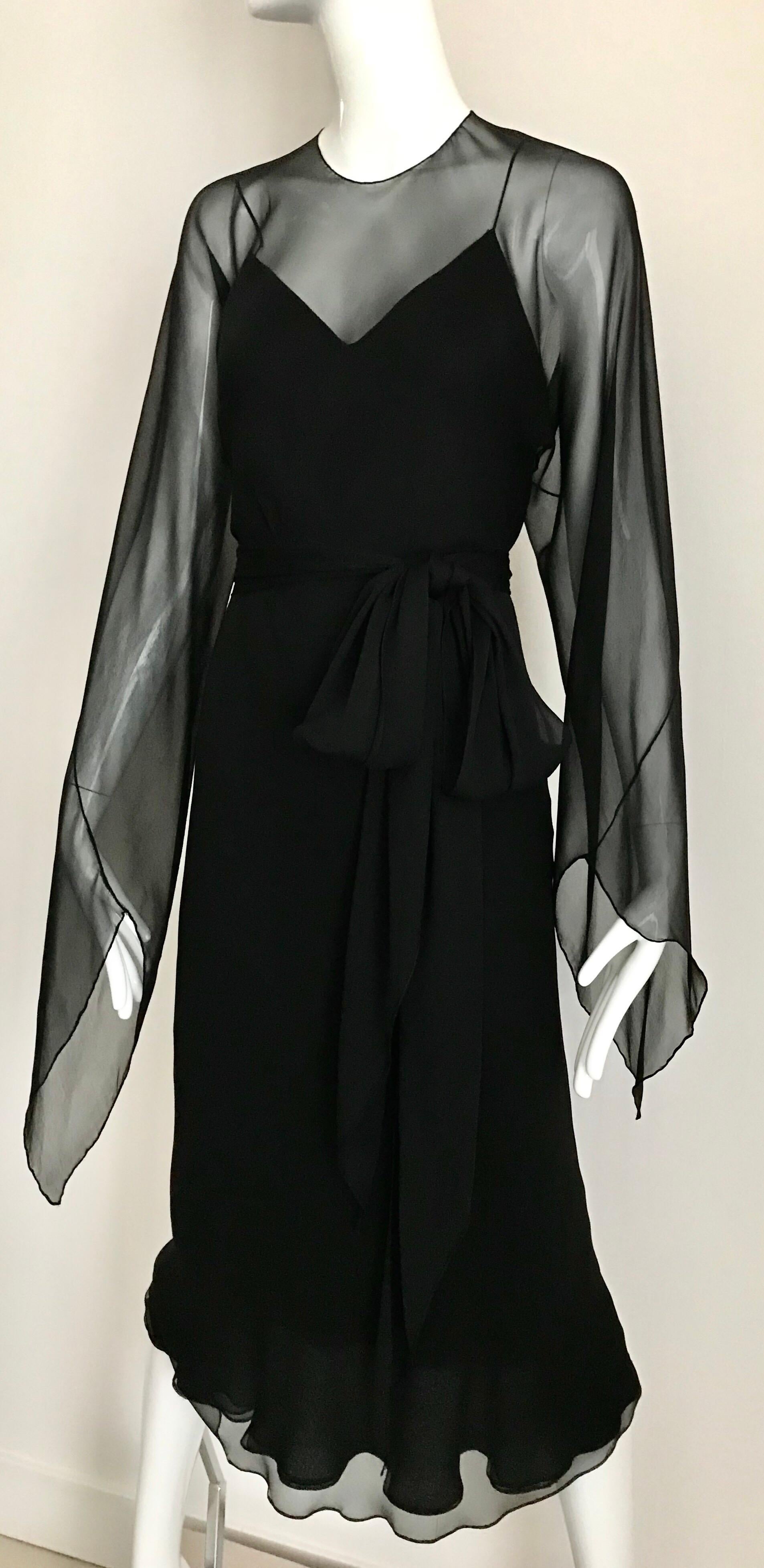 Women's Halston Black Silk Chiffon Bias Cut Dress, 1970s 