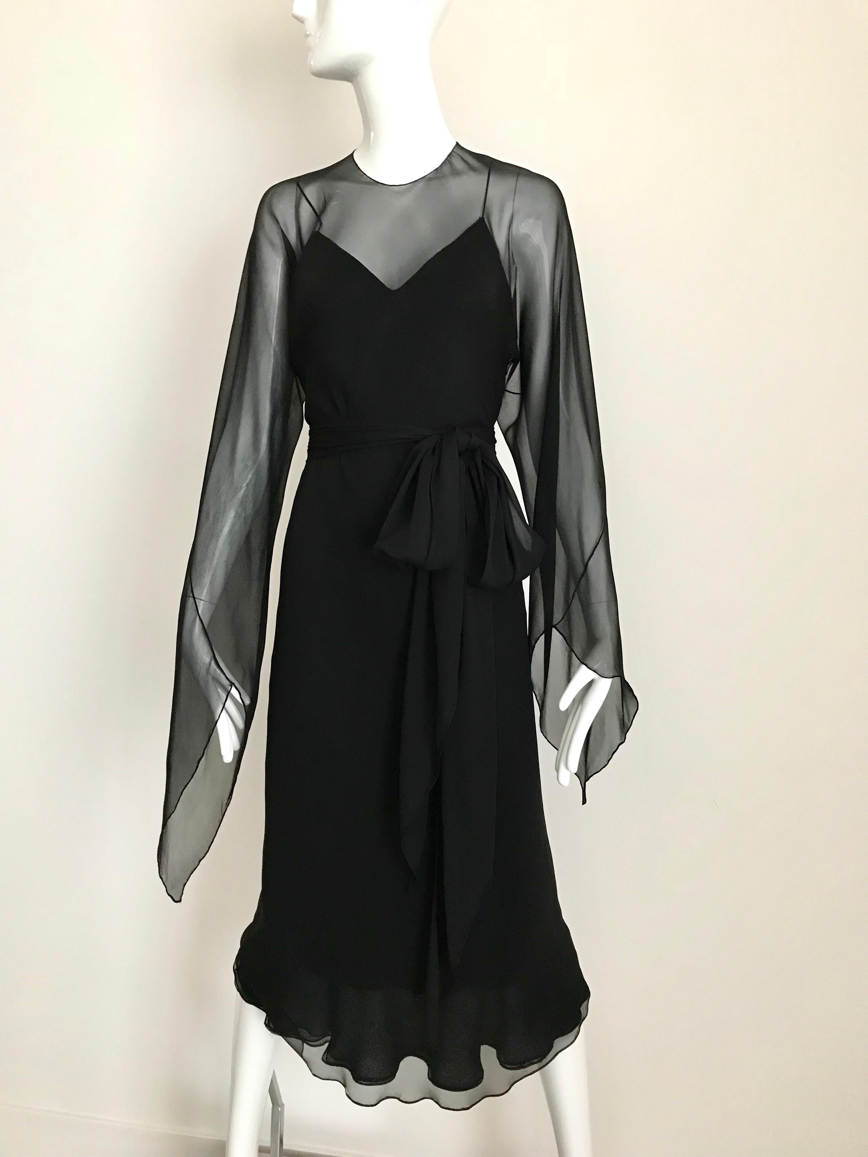 Halston Black Silk Chiffon Bias Cut Dress, 1970s  1