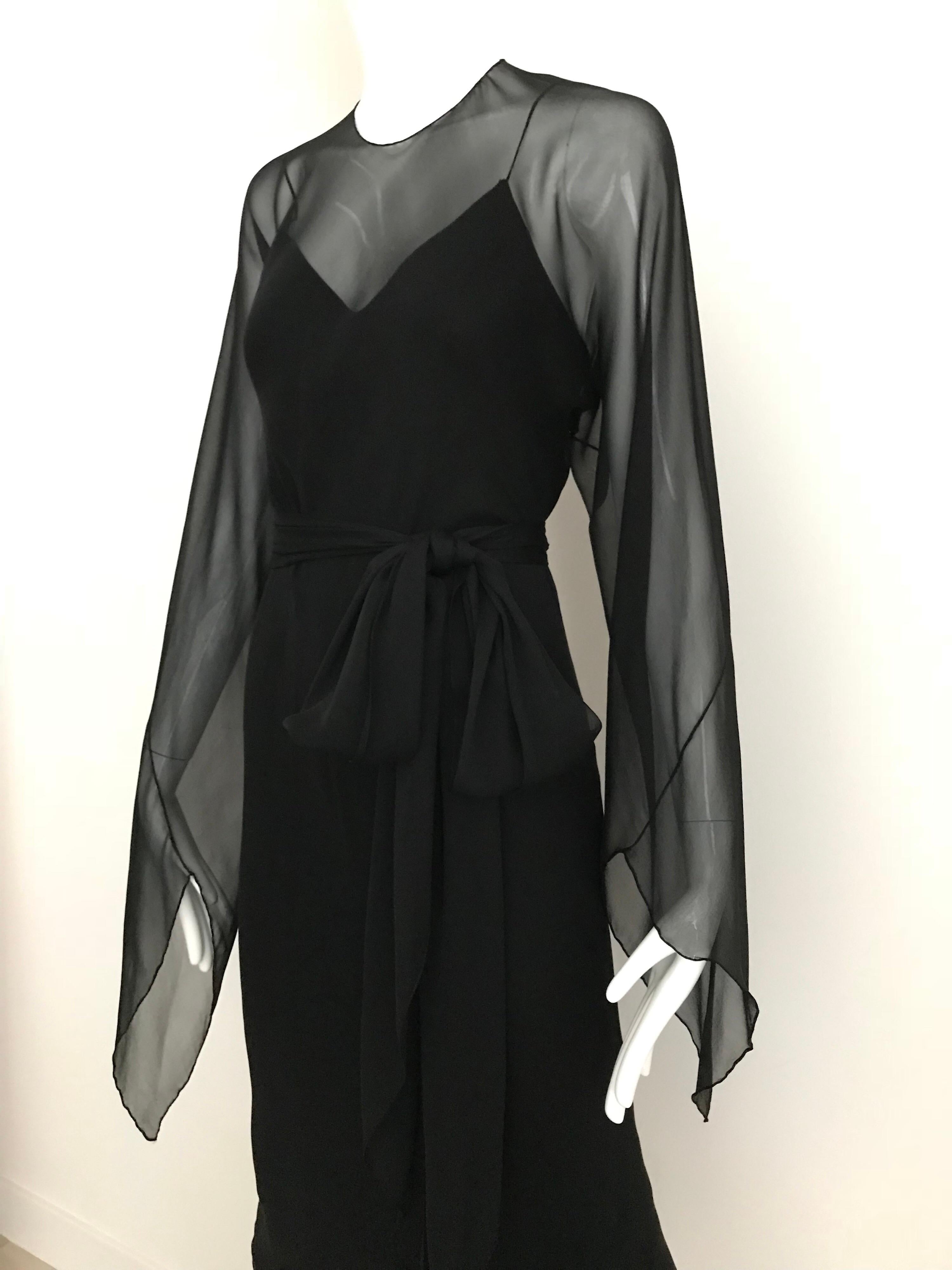 Halston Black Silk Chiffon Bias Cut Dress, 1970s  2