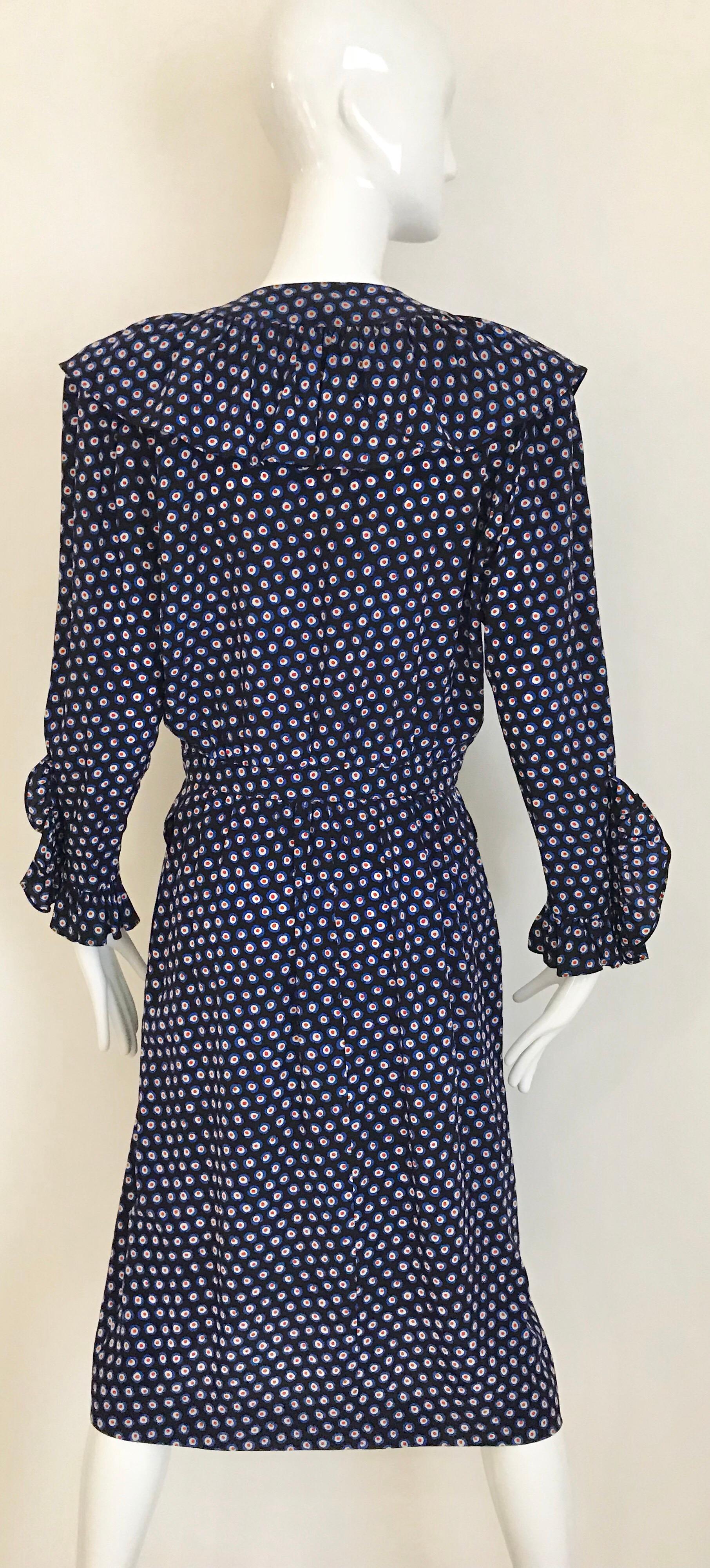 Yves Saint Laurent Blue Silk Print Wrap Dress, 1970s  In Good Condition In Beverly Hills, CA
