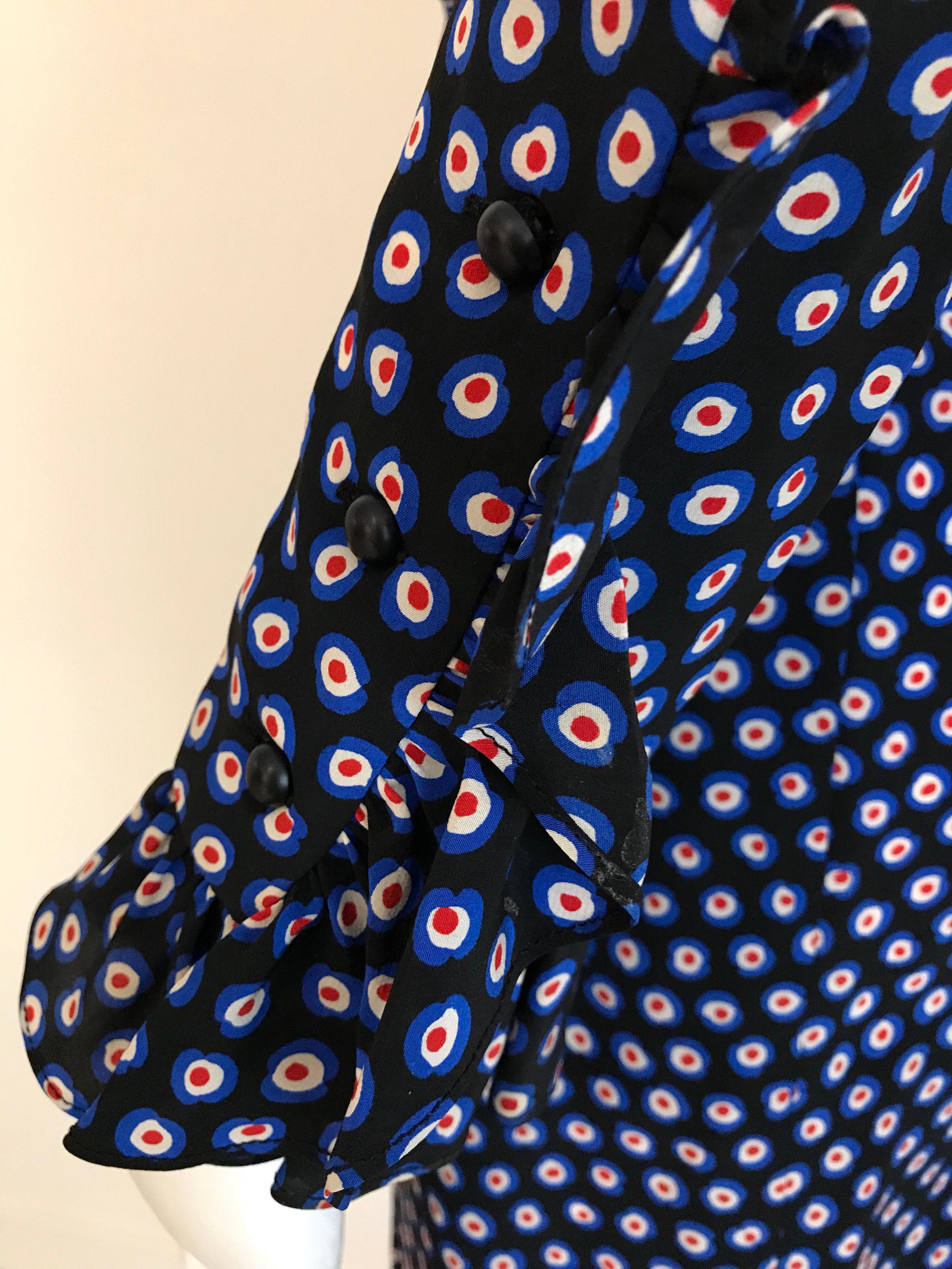 Women's Yves Saint Laurent Blue Silk Print Wrap Dress, 1970s 
