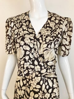 Brown and White Floral Print Silk Dress with Cropped Jacket, 1930s
