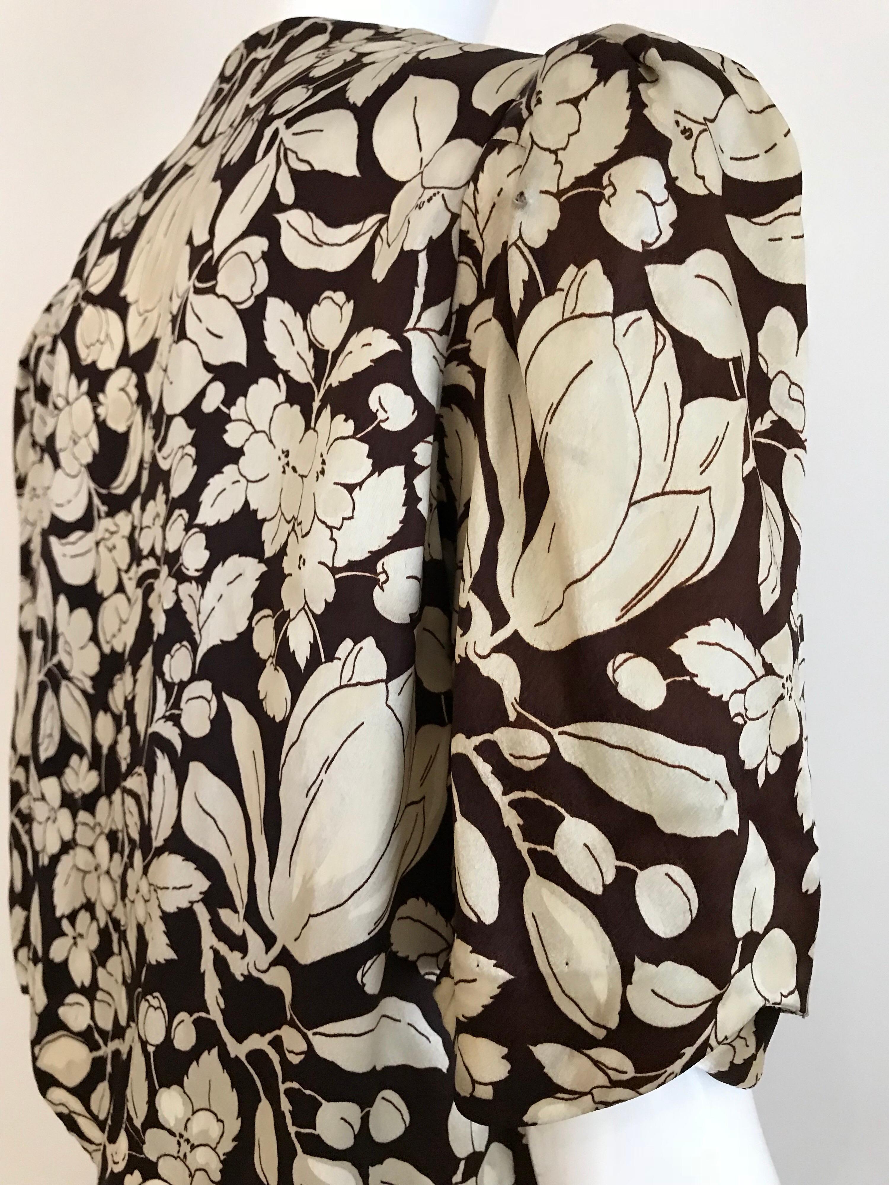 Women's Brown and White Floral Print Silk Dress with Cropped Jacket, 1930s 