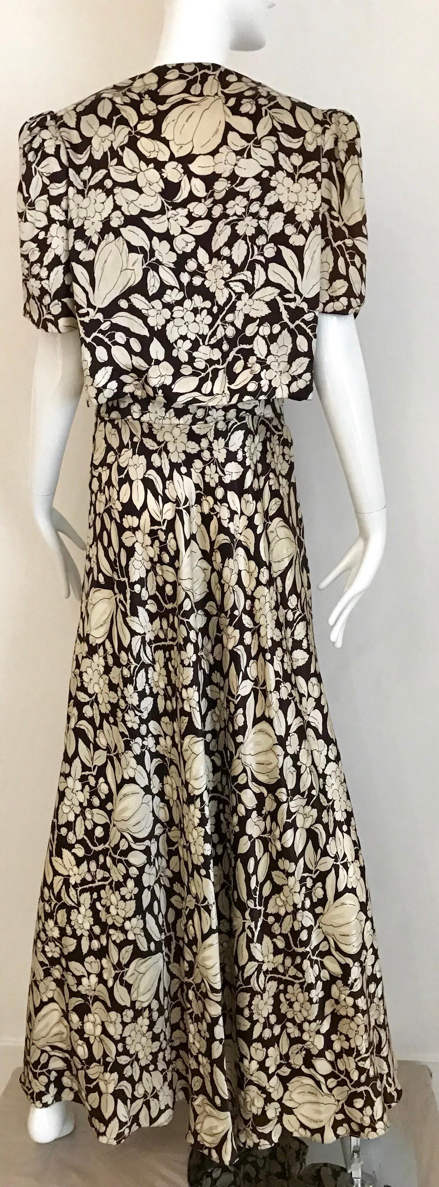 Brown and White Floral Print Silk Dress with Cropped Jacket, 1930s  2