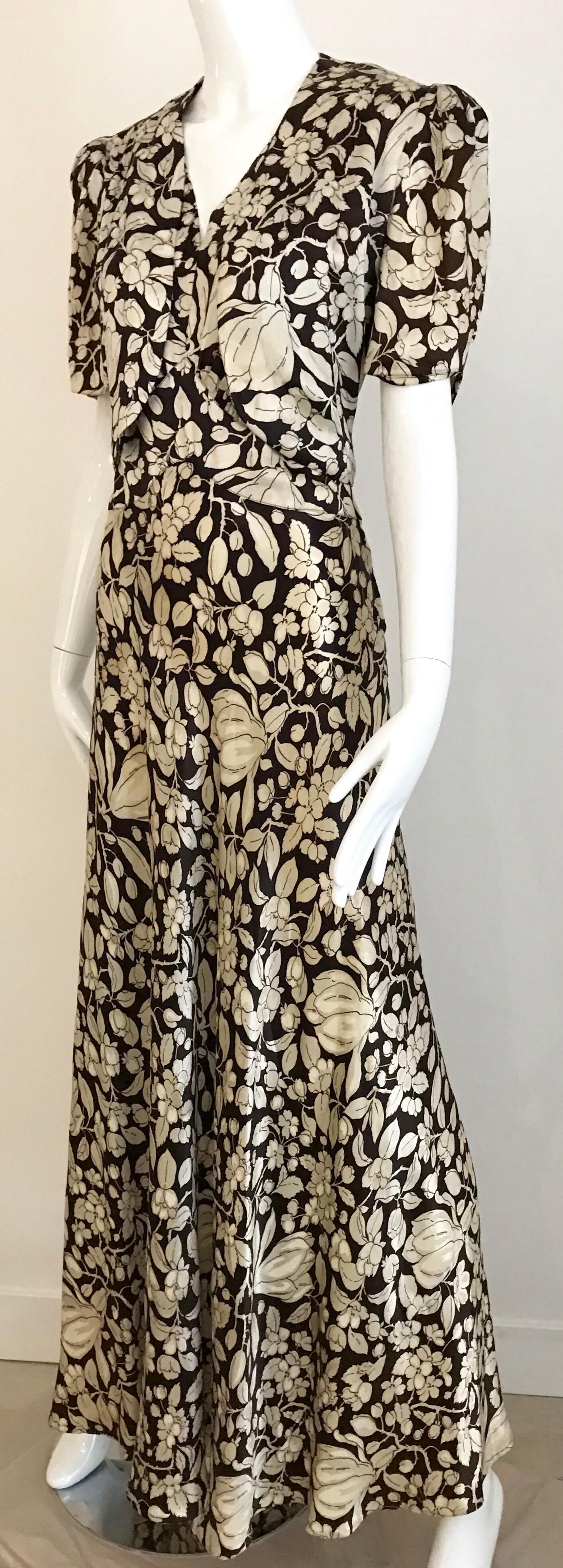 Brown and White Floral Print Silk Dress with Cropped Jacket, 1930s  3