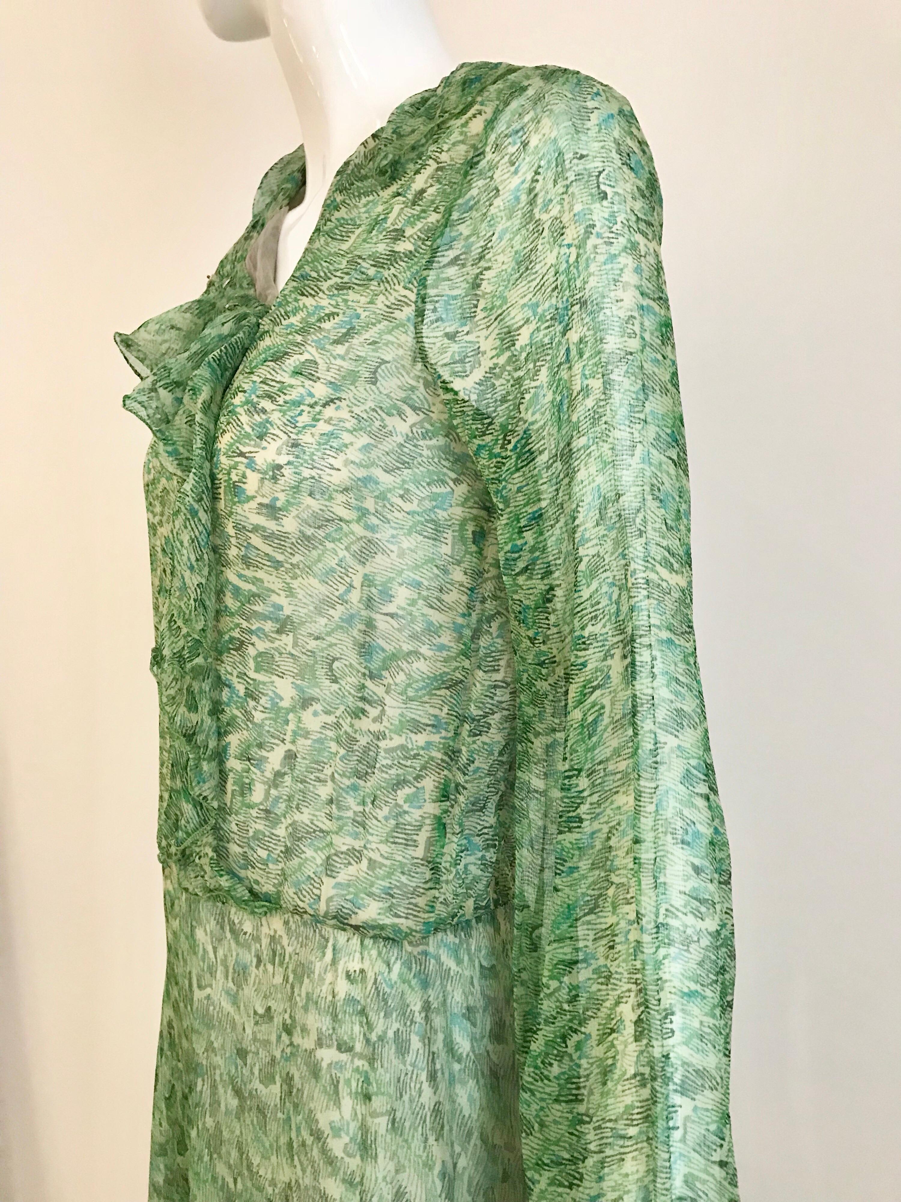 Gray 1970s Anna Weatherley Green Silk Print Dress