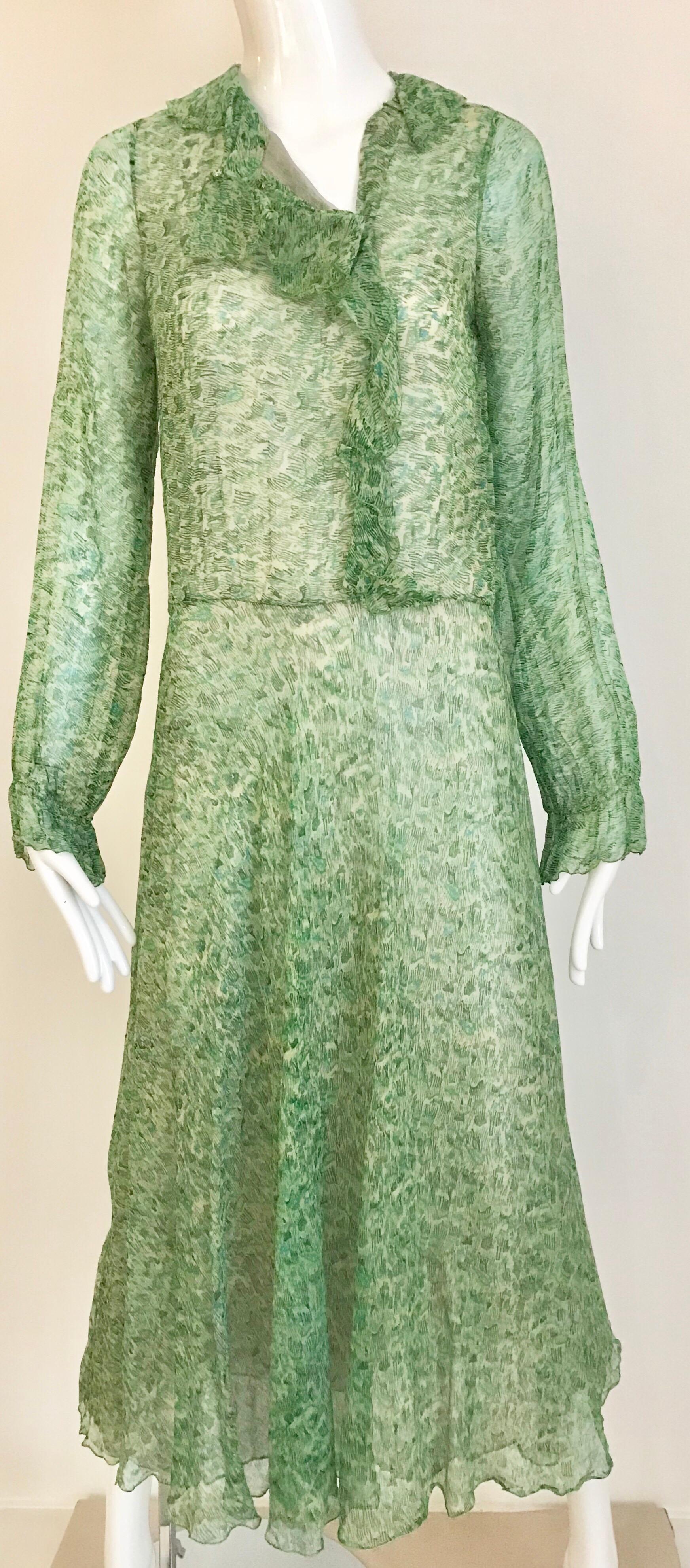 Women's 1970s Anna Weatherley Green Silk Print Dress