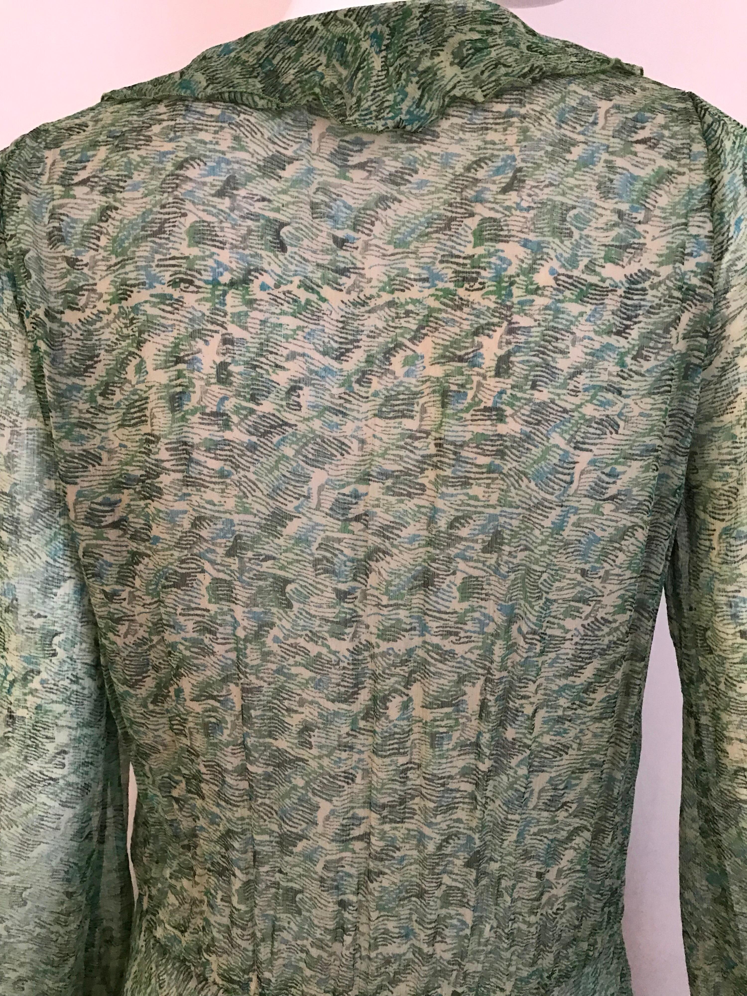1970s Anna Weatherley Green Silk Print Dress 1