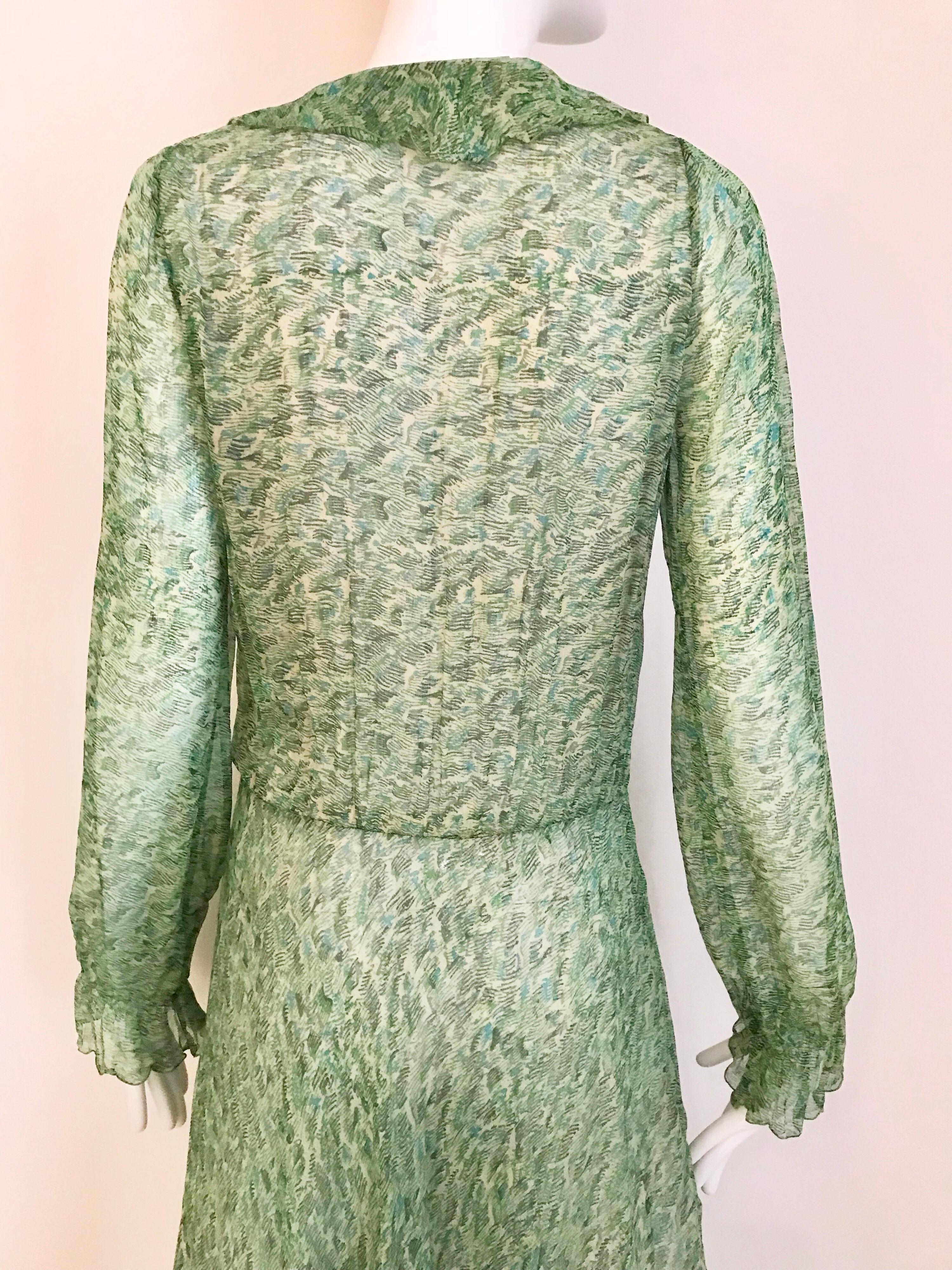 1970s Anna Weatherley Green Silk Print Dress 2