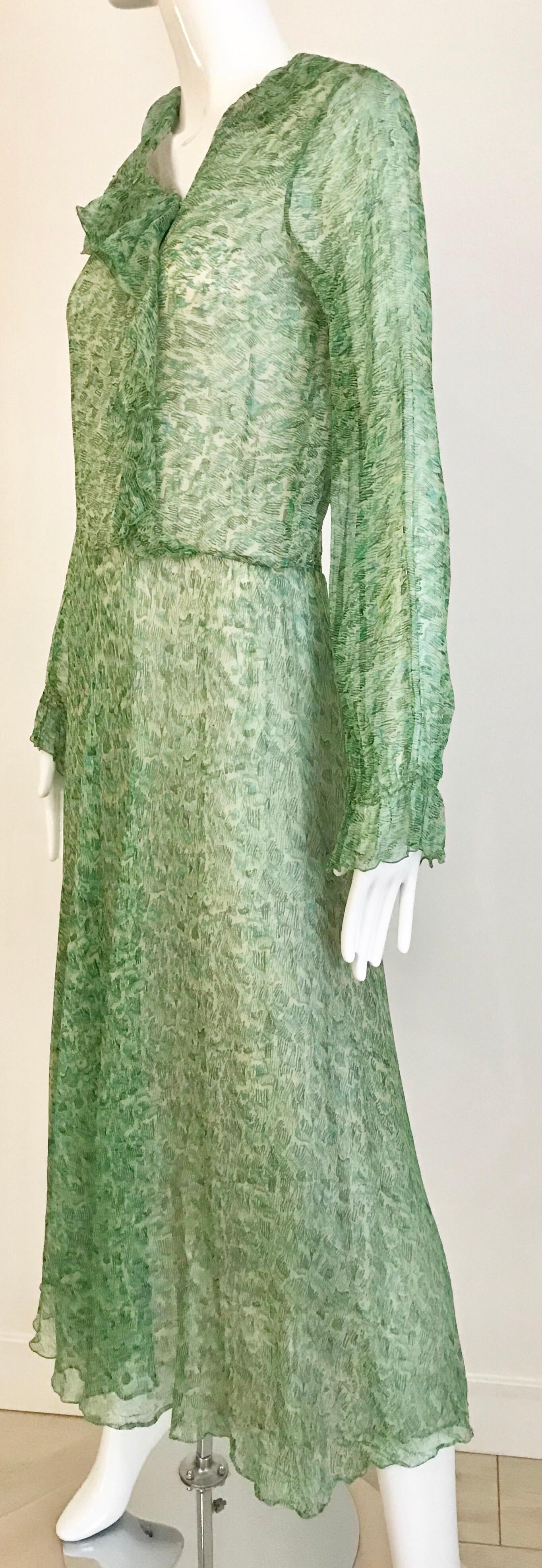 1970s Anna Weatherley Green Silk Print Dress 3