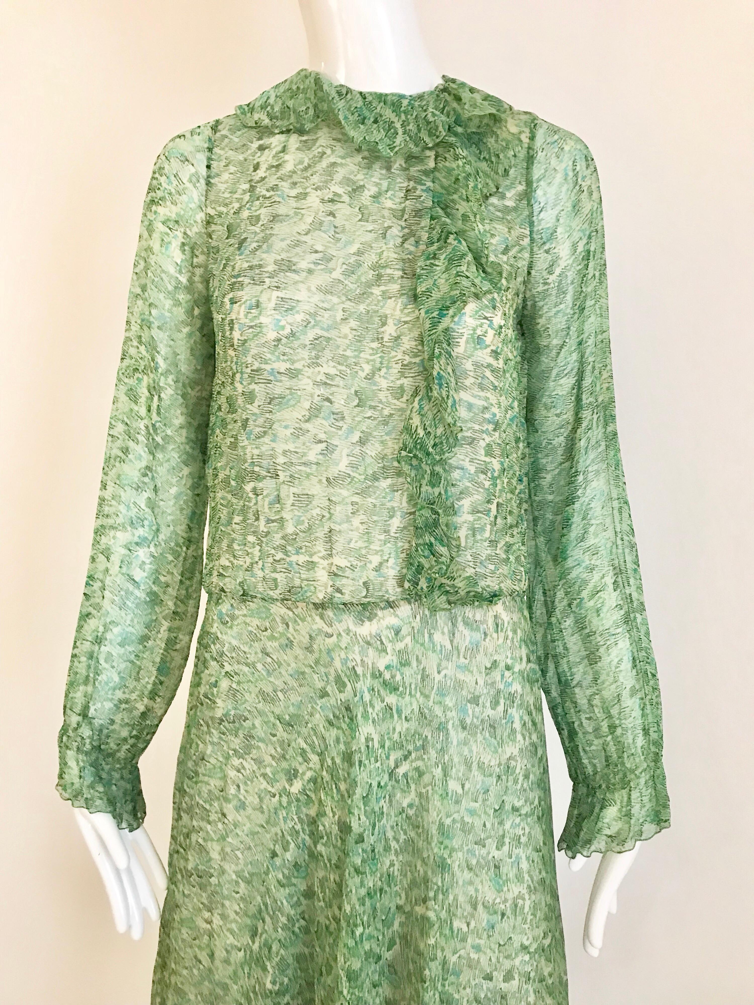 1970s Anna Weatherley Green Silk Print Dress 4