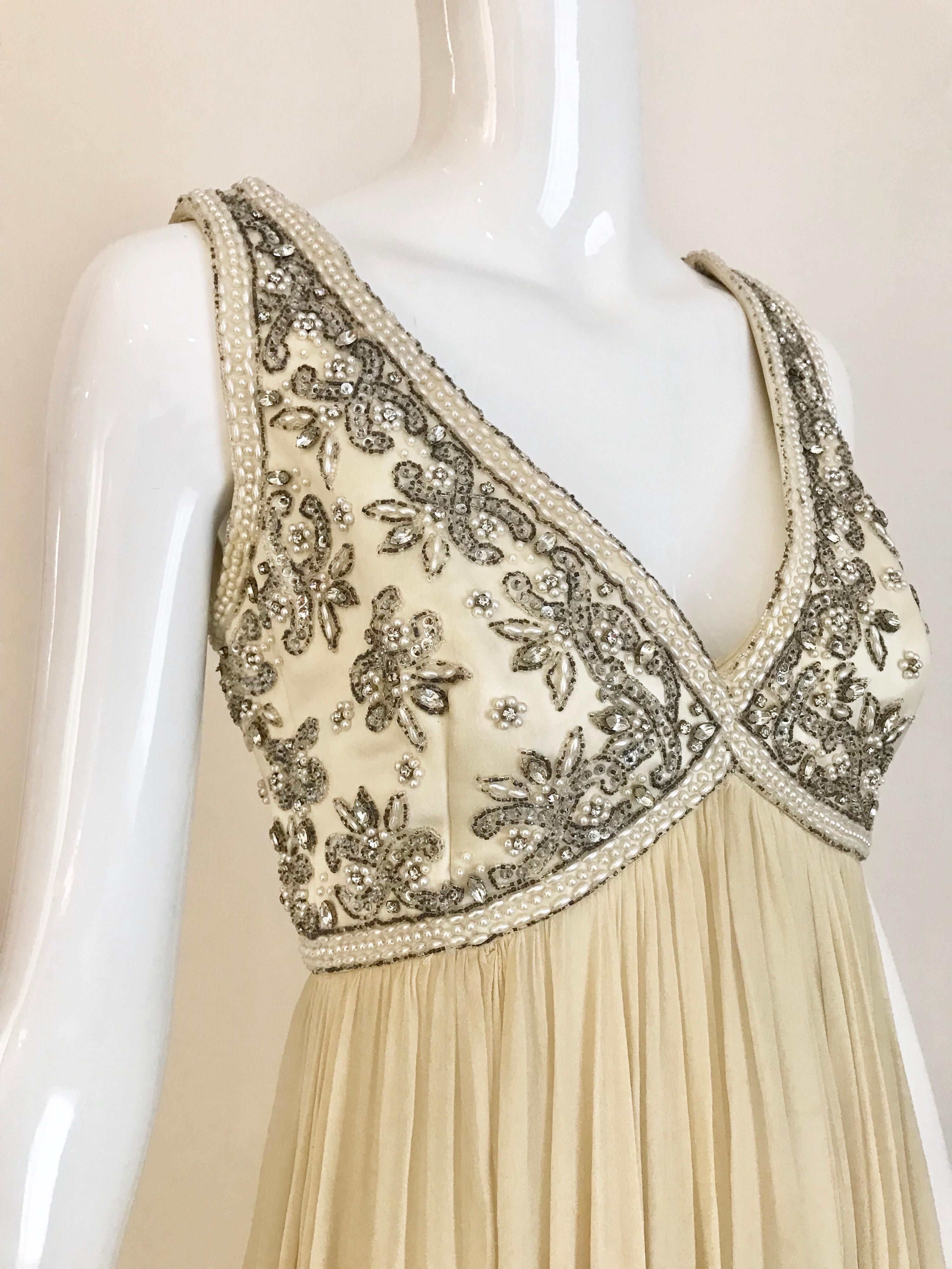 Beige 1960s Elizabeth Arden Creme Silk Sleeveless Gown