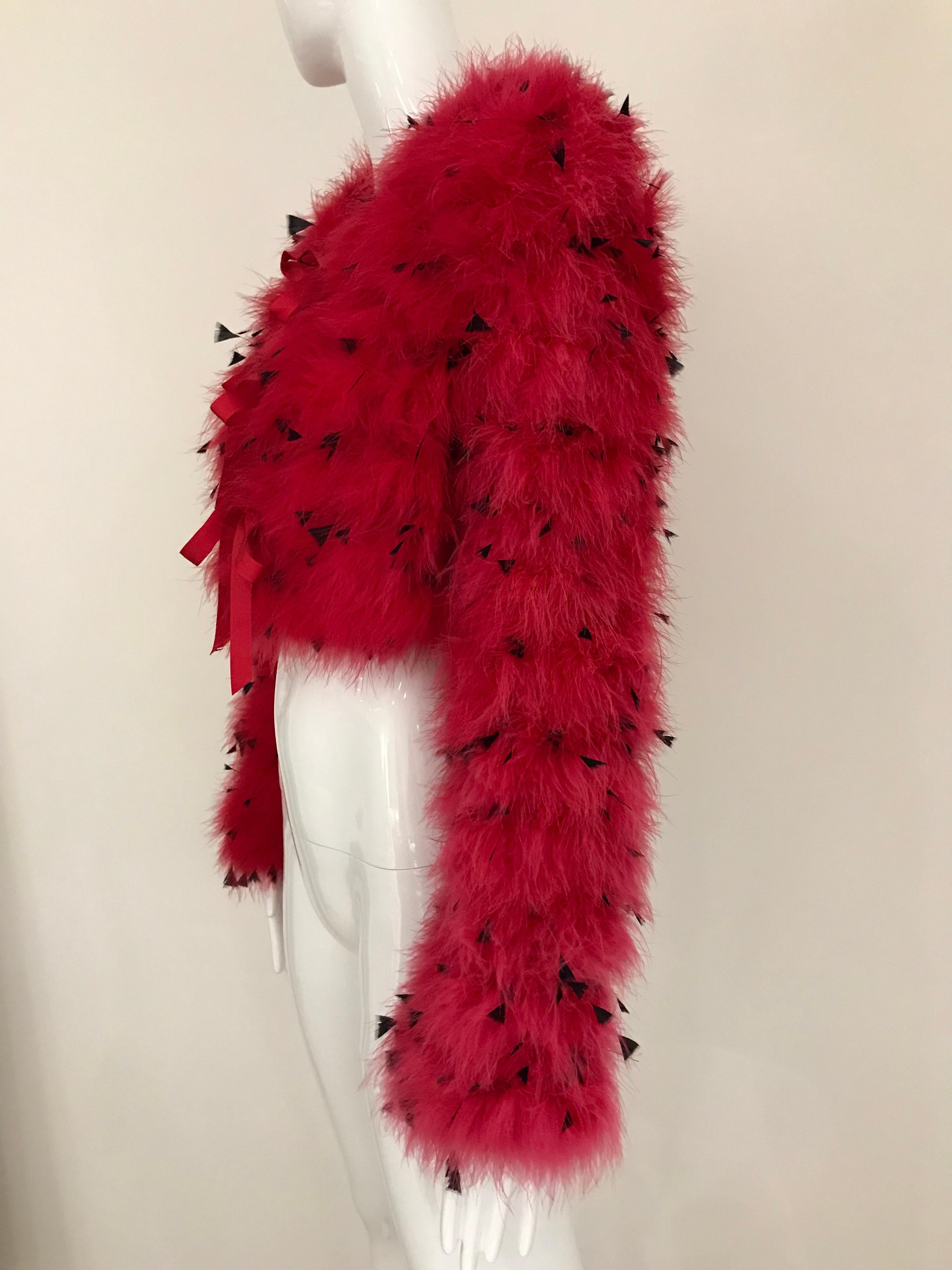 80s Red Ostrich Feather Crop Jacket  In Excellent Condition In Beverly Hills, CA