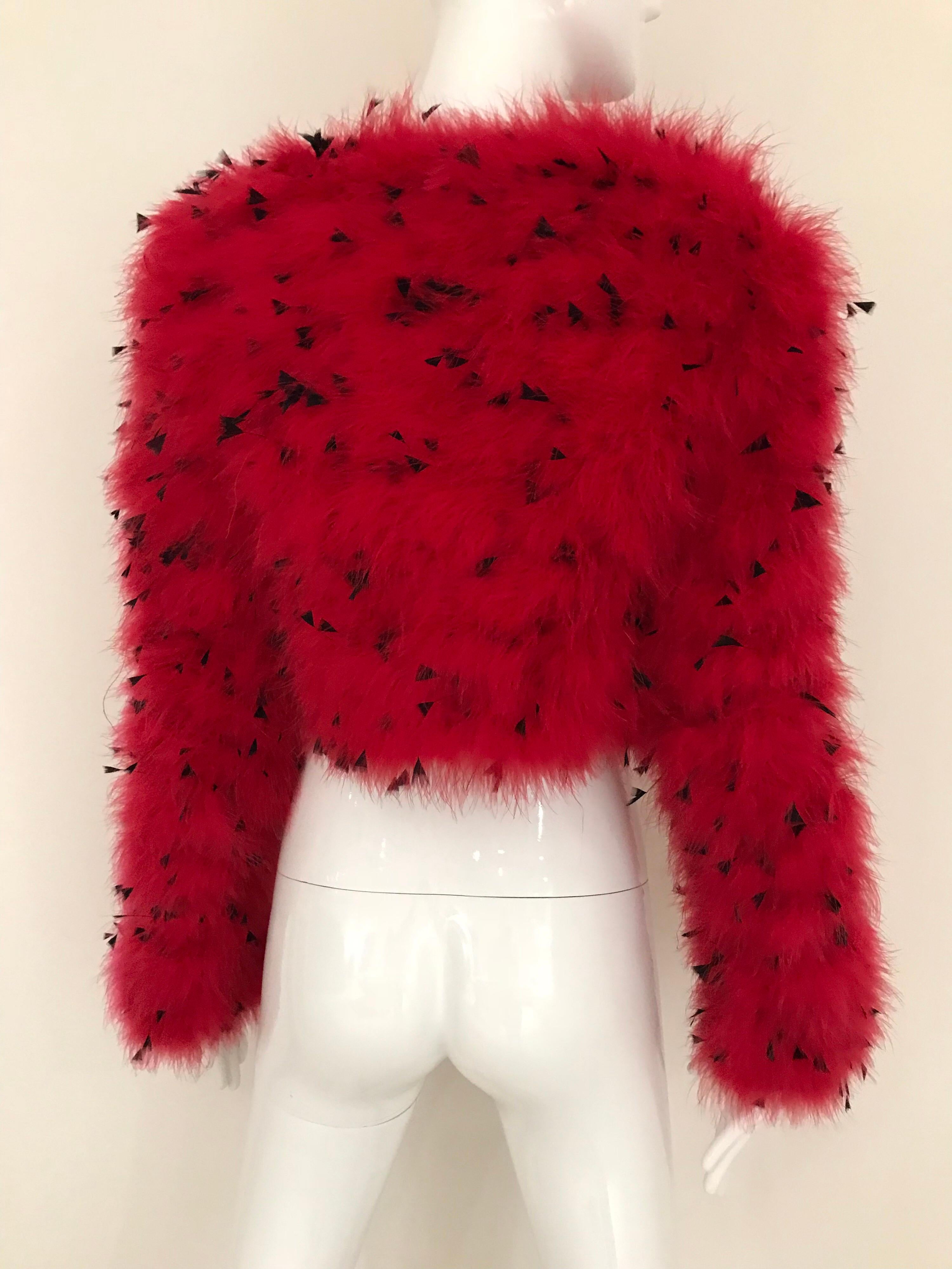 Women's 80s Red Ostrich Feather Crop Jacket 
