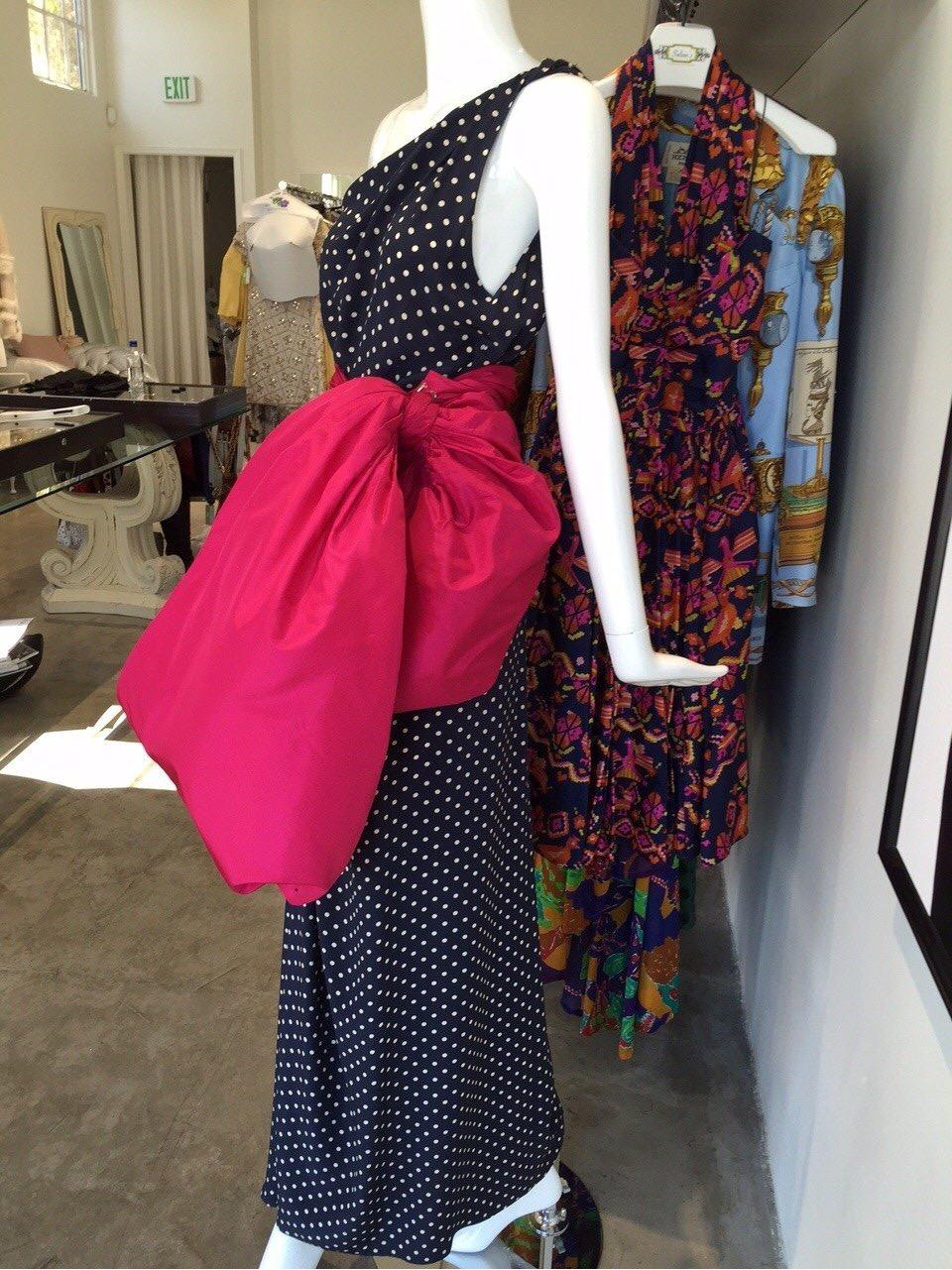 Black Bill Blass Silk polka dot pink bow gown, 1980s 